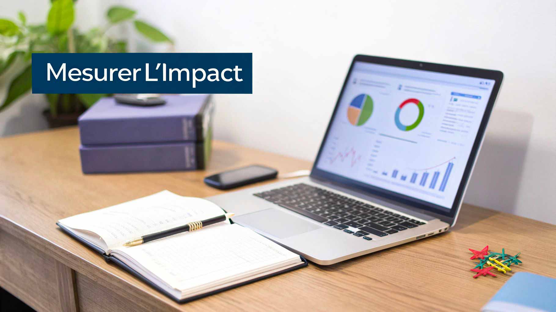 Un bureau avec un ordinateur portable affichant des graphiques d'analyse, un carnet, un stylo et des livres. Texte : Mesurer L'Impact.