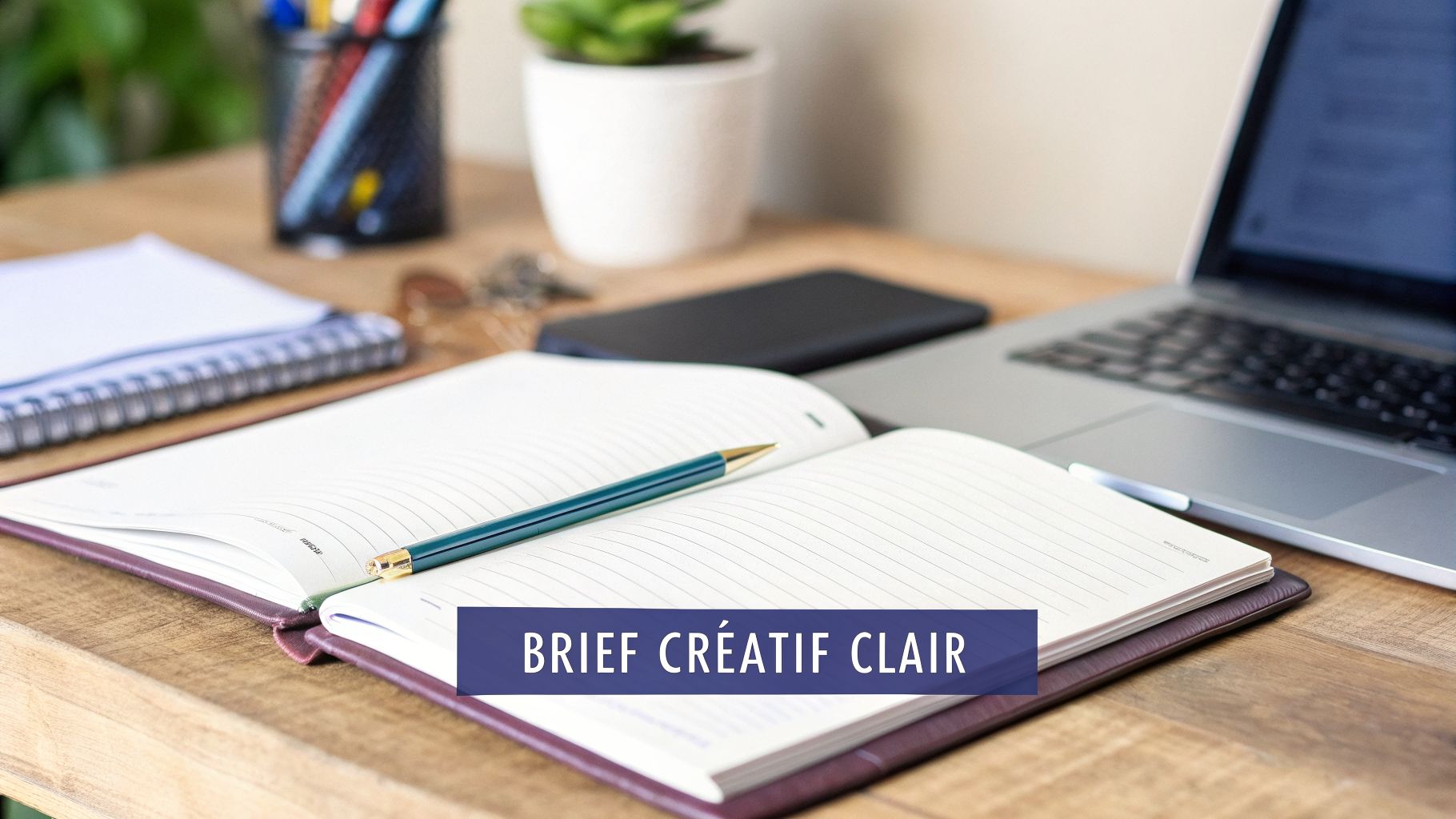 Espace de travail avec carnet ouvert, stylo, ordinateur portable, smartphone et plante. Texte : 'BRIEF CRÉATIF CLAIR'.