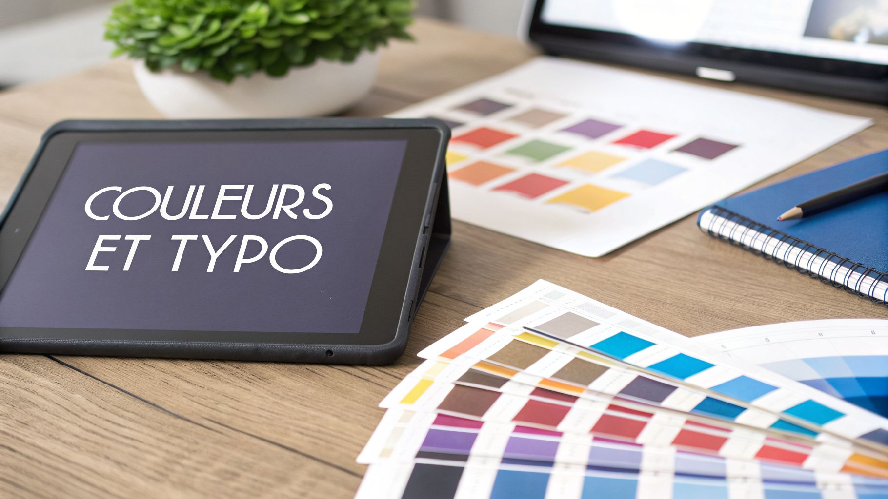 Un espace de travail créatif avec tablette, nuanciers de couleurs et matériel de conception graphique.