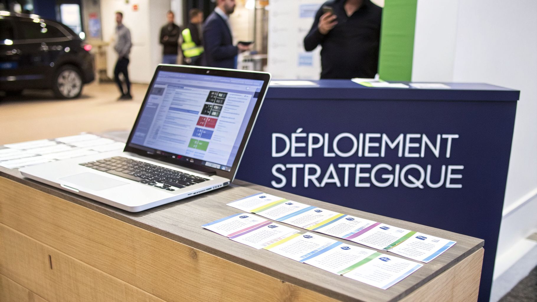 Un ordinateur portable affichant des données sur un comptoir en bois, avec un panneau "DÉPLOIEMENT STRATÉGIQUE" et des cartes d'information lors d'un événement.