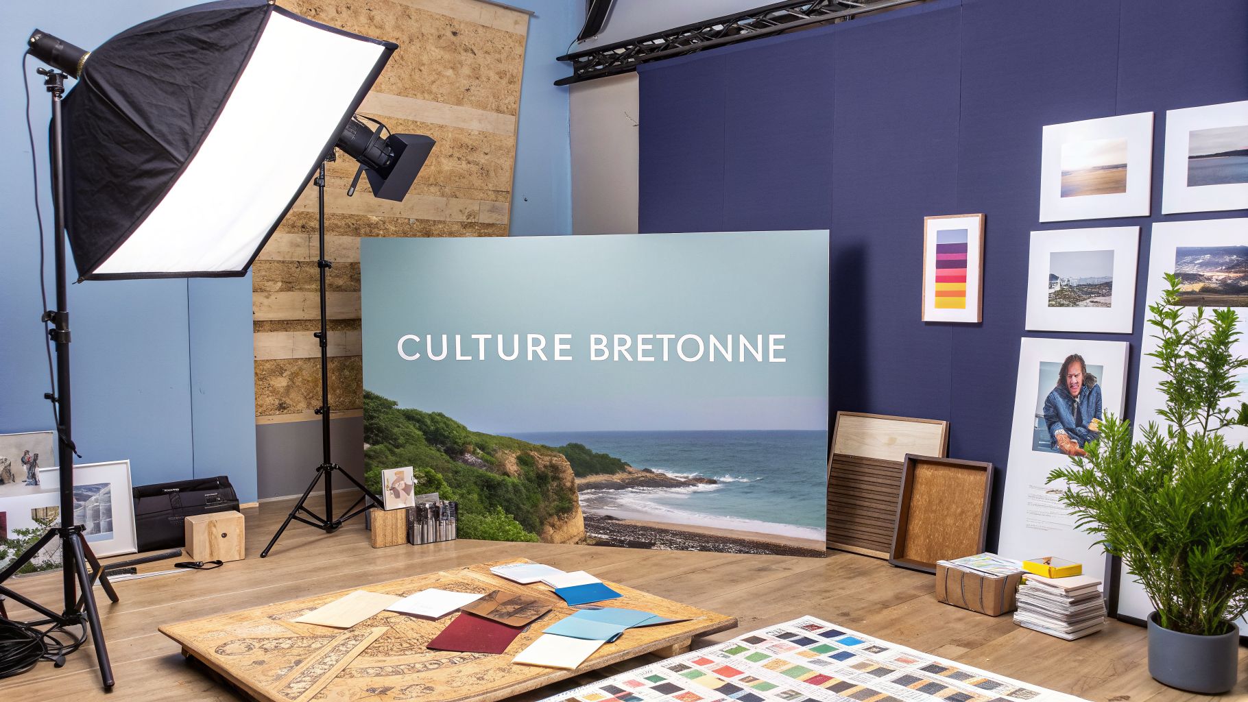 Un studio photo moderne mettant en avant la culture bretonne avec des lumières et des œuvres.