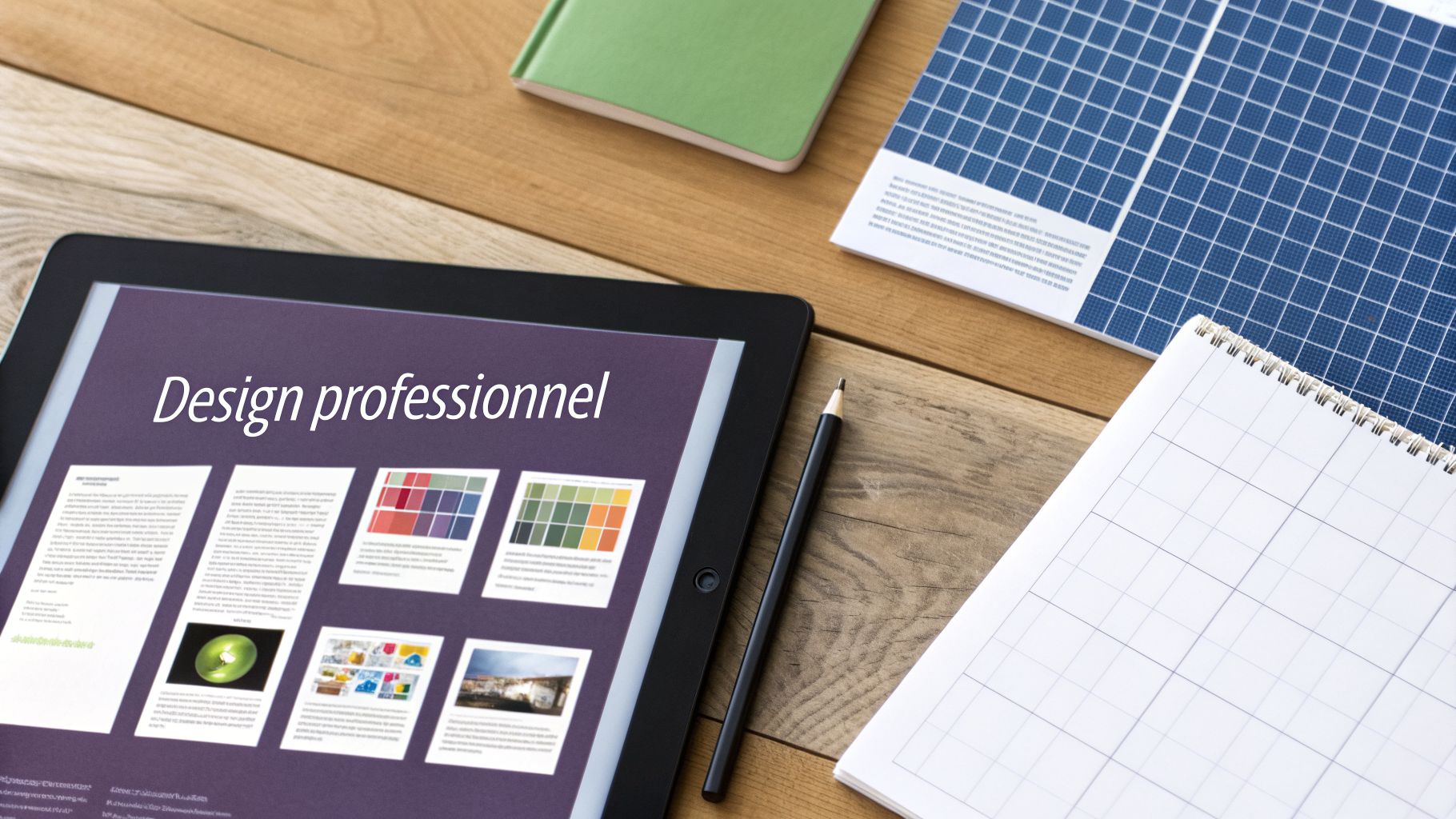 Tablette affichant une présentation de design professionnel sur un bureau en bois avec des fournitures de bureau.