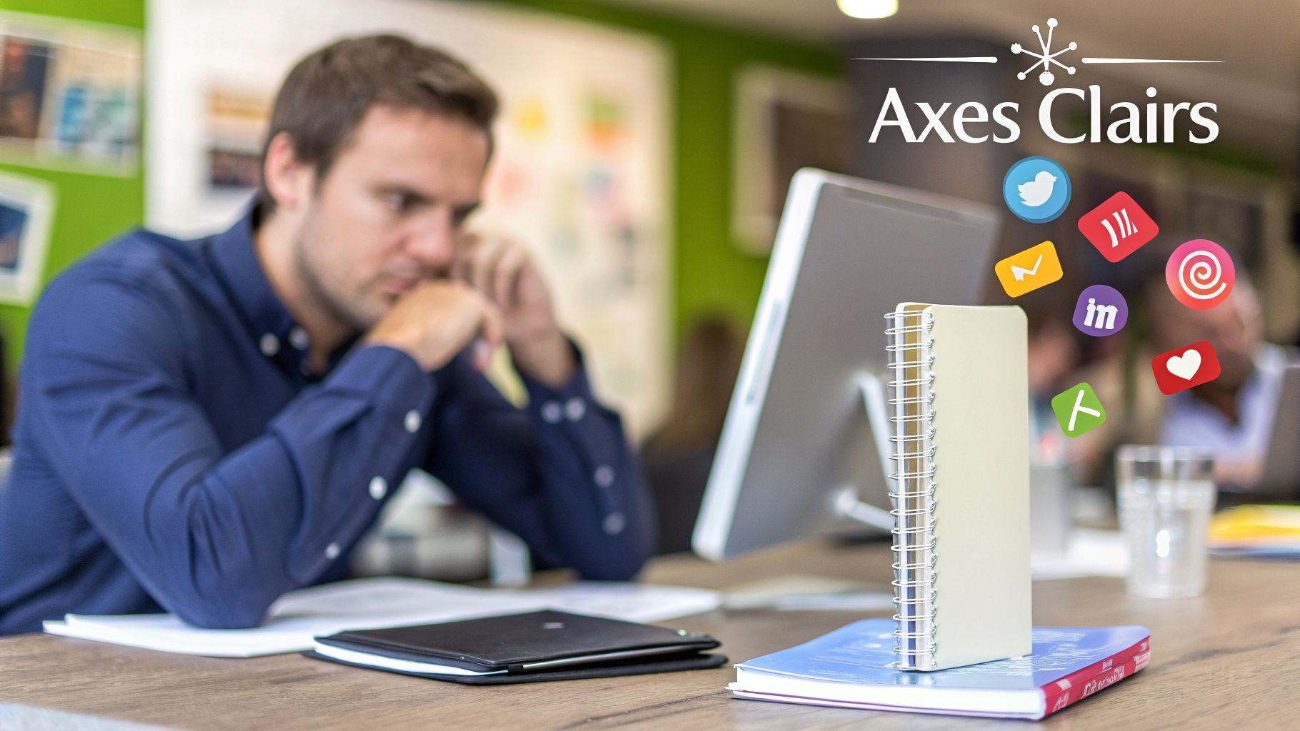 Un homme pensif devant un écran d'ordinateur, avec des icônes de médias sociaux et le logo Axes Clairs flottant en arrière-plan.