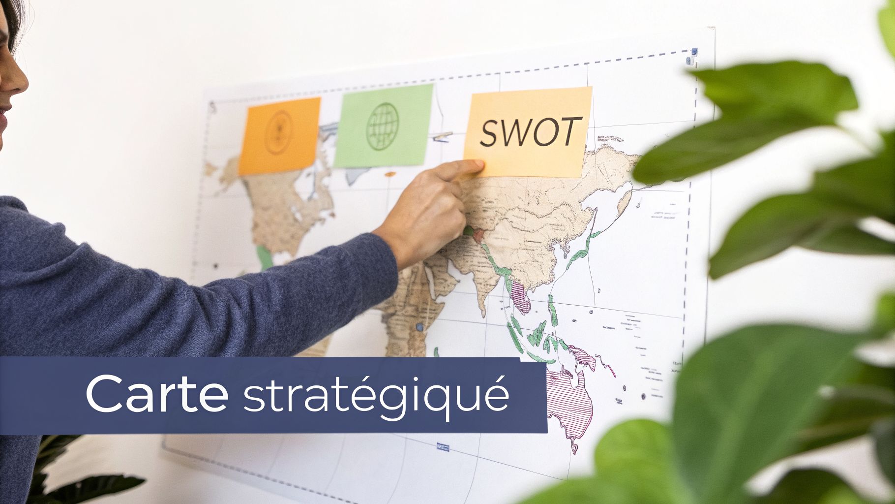 Une personne pointe sur une carte du monde, avec des post-it colorés dont un marqué 'SWOT', représentant une carte stratégique.