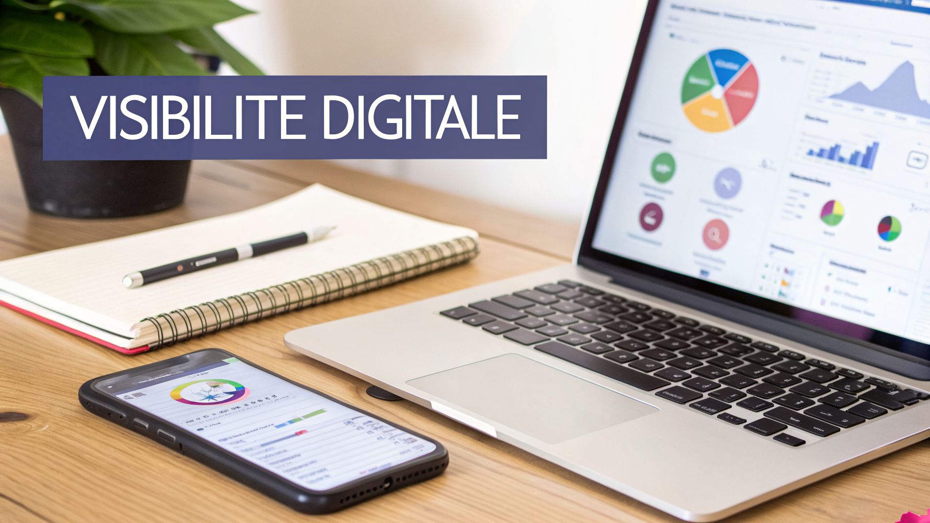 Bureau avec ordinateur portable, smartphone, carnet et stylo affichant des données pour la visibilité digitale.