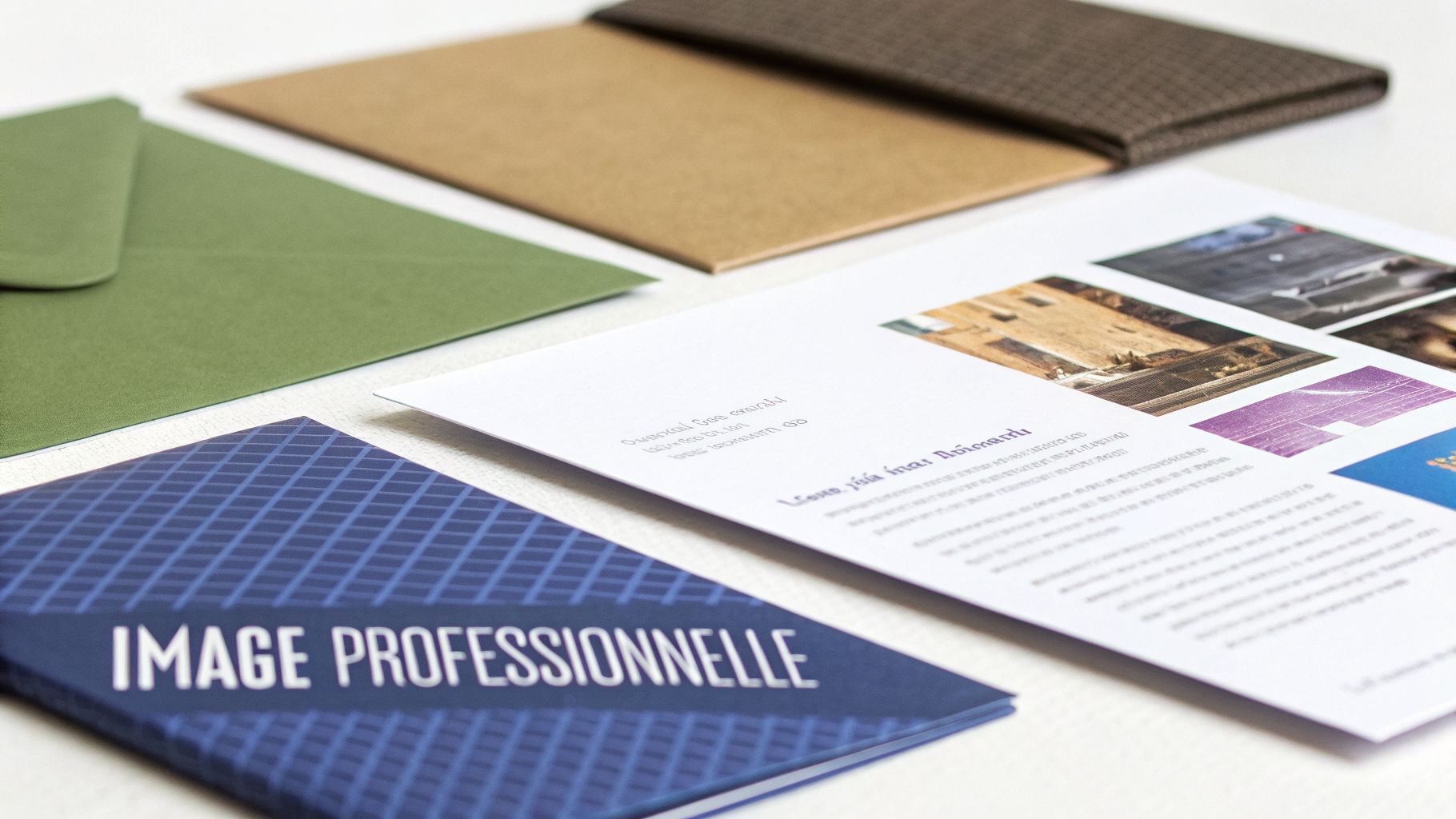 Assortiment de matériel de communication imprimé professionnel, incluant une brochure, des enveloppes et des documents, sur une surface claire.