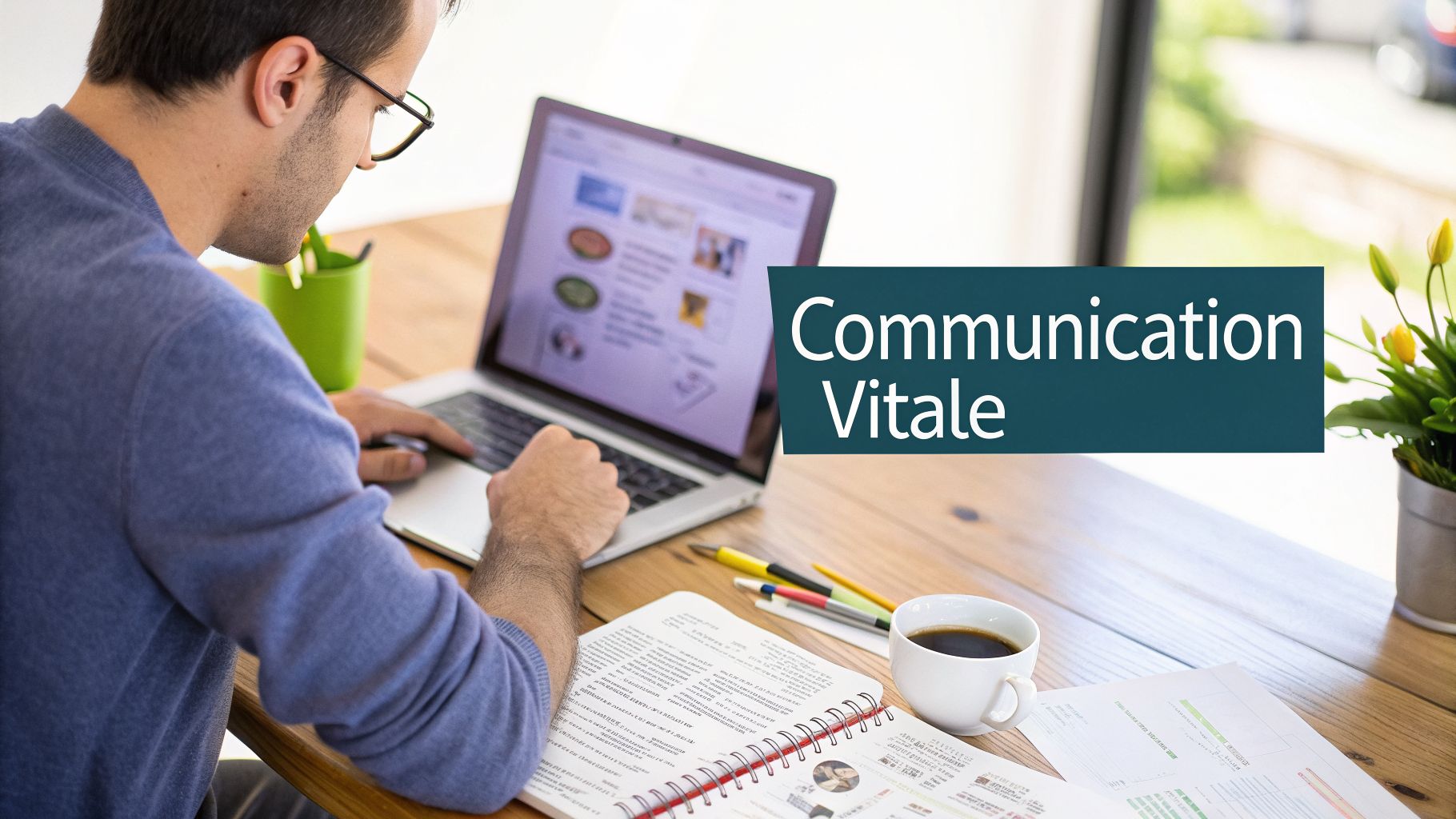 Homme travaille sur ordinateur portable avec carnet et café sur table en bois, texte « Communication Vitale ».