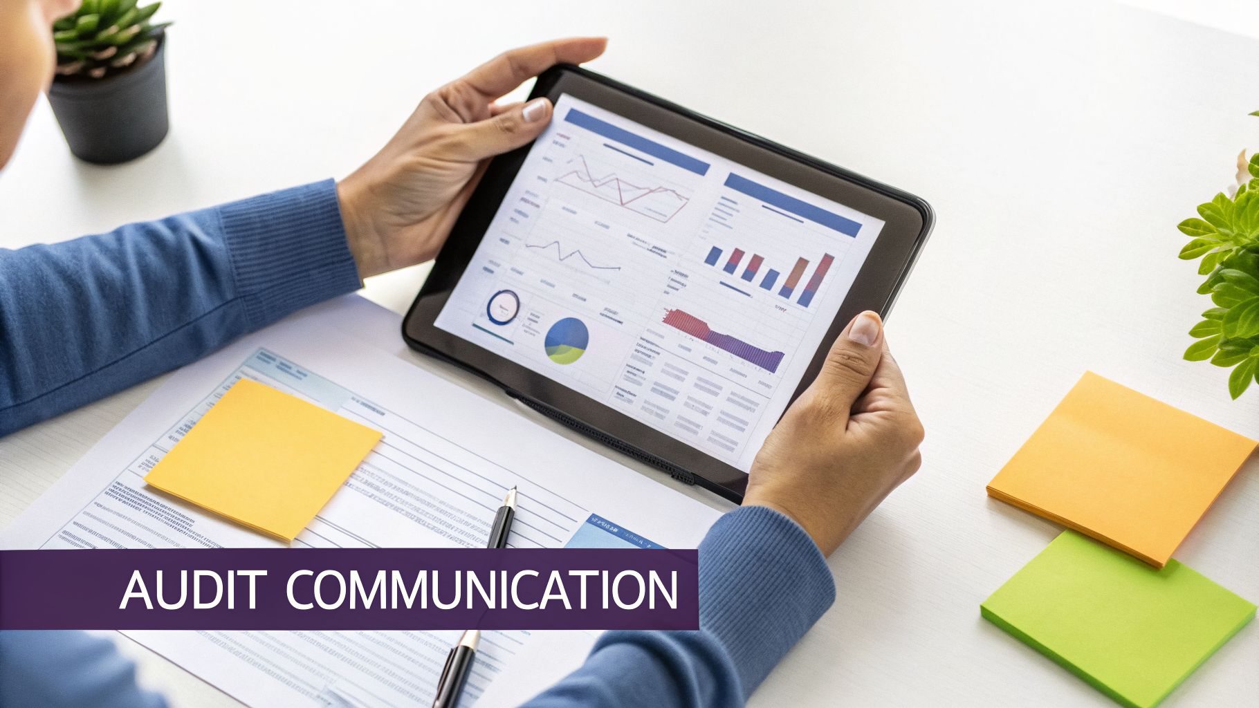 Mains d'une personne tenant une tablette affichant des graphiques d'analyse de données, avec des documents d'audit et des notes sur un bureau.