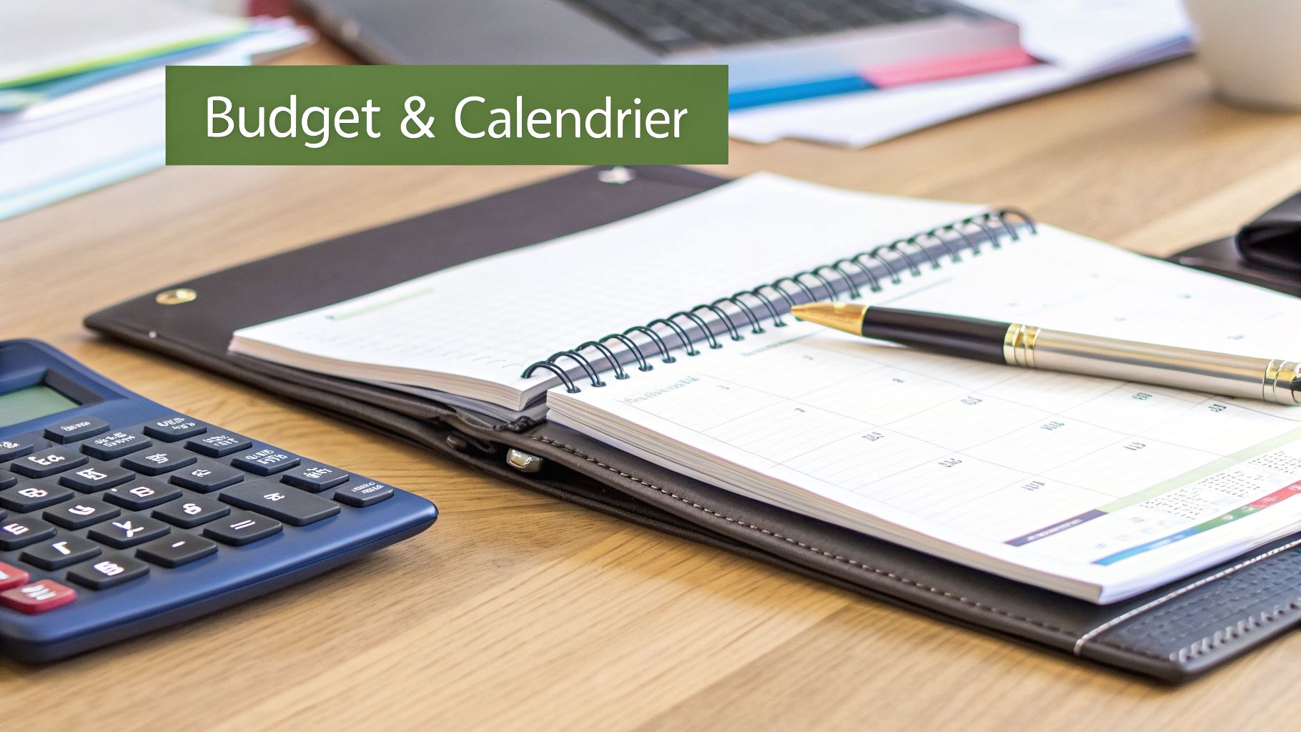 Image d'un bureau avec calculatrice, agenda ouvert, stylo et documents, symbolisant la gestion budgétaire et la planification.