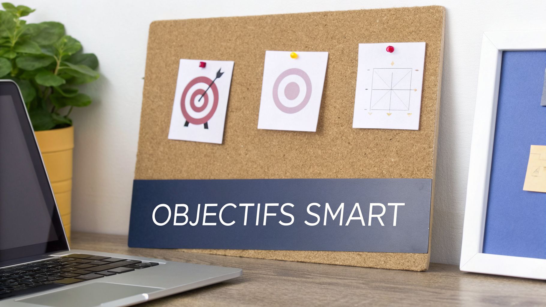Tableau en liège avec des objectifs SMART affichés, près d'un ordinateur portable et d'une plante verte.