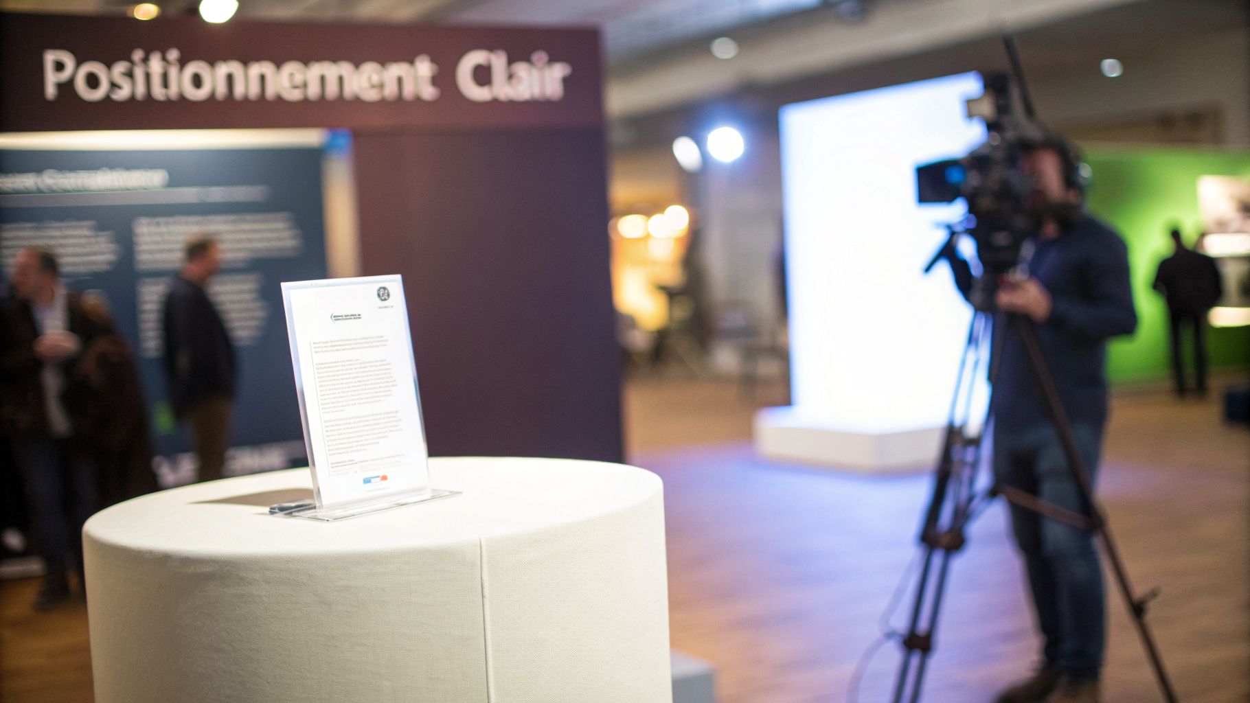 Un événement professionnel en intérieur avec un document sur table et un caméraman filmant une scène claire.