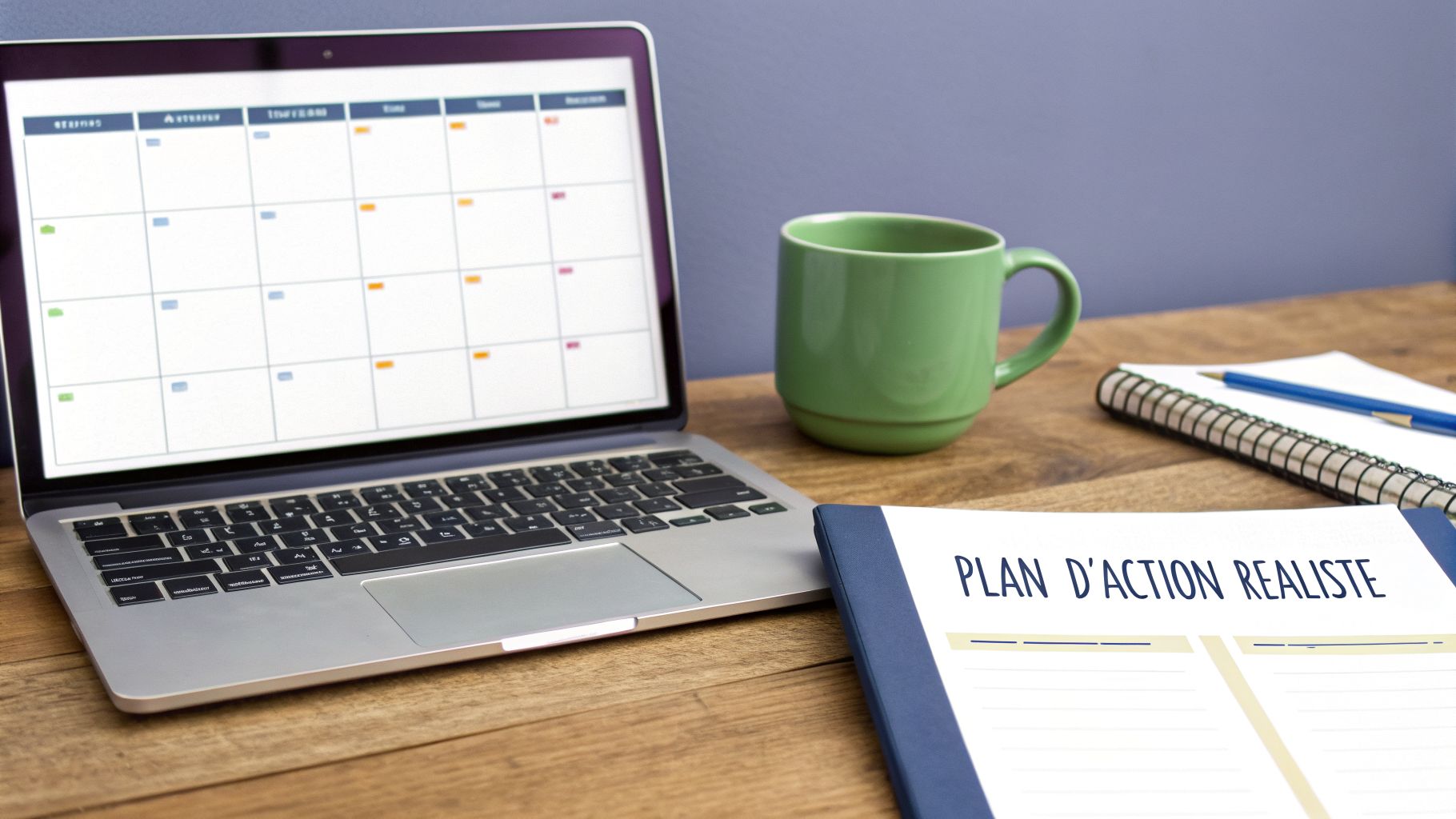 Ordinateur portable affichant un calendrier, une tasse, un carnet et un document 'Plan d'action réaliste' sur une table en bois.