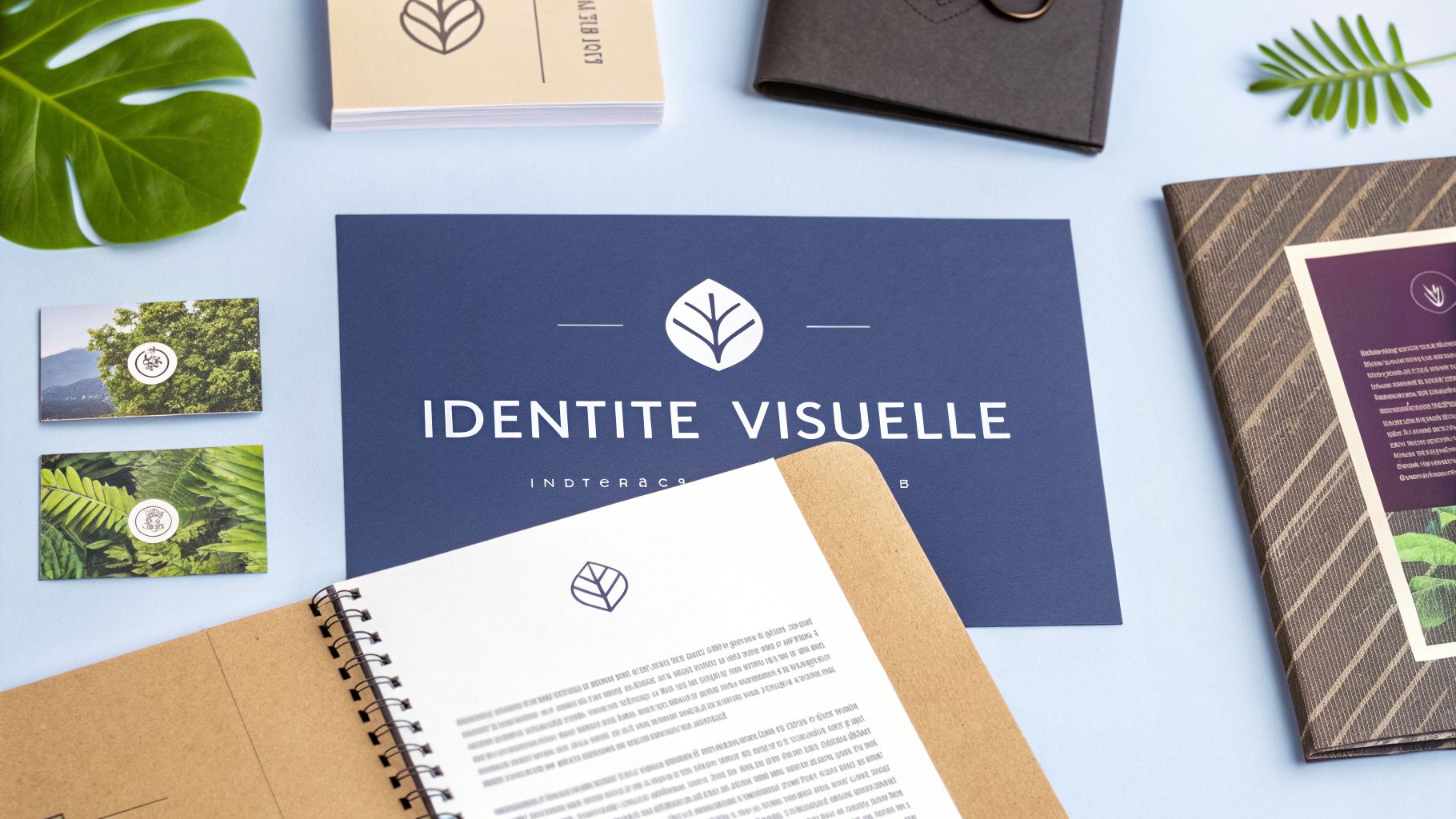 Une collection de supports de marque avec un logo en feuille, incluant cartes de visite et brochure, sur fond bleu clair.