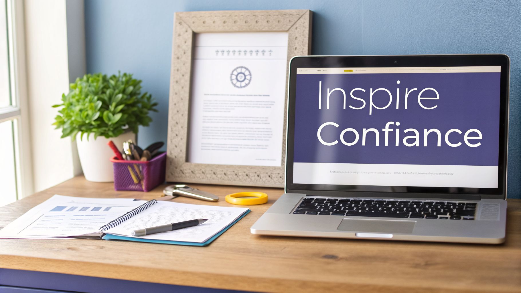 Bureau organisé avec ordinateur portable affichant "Inspire Confiance", documents, plante et cadre photo décoratif.