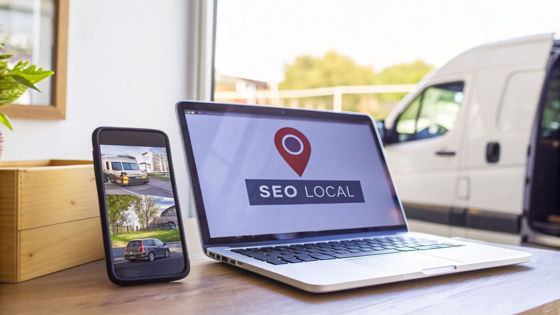 Un ordinateur portable affichant 'SEO LOCAL' et un smartphone avec des images de véhicules sur une table en bois.