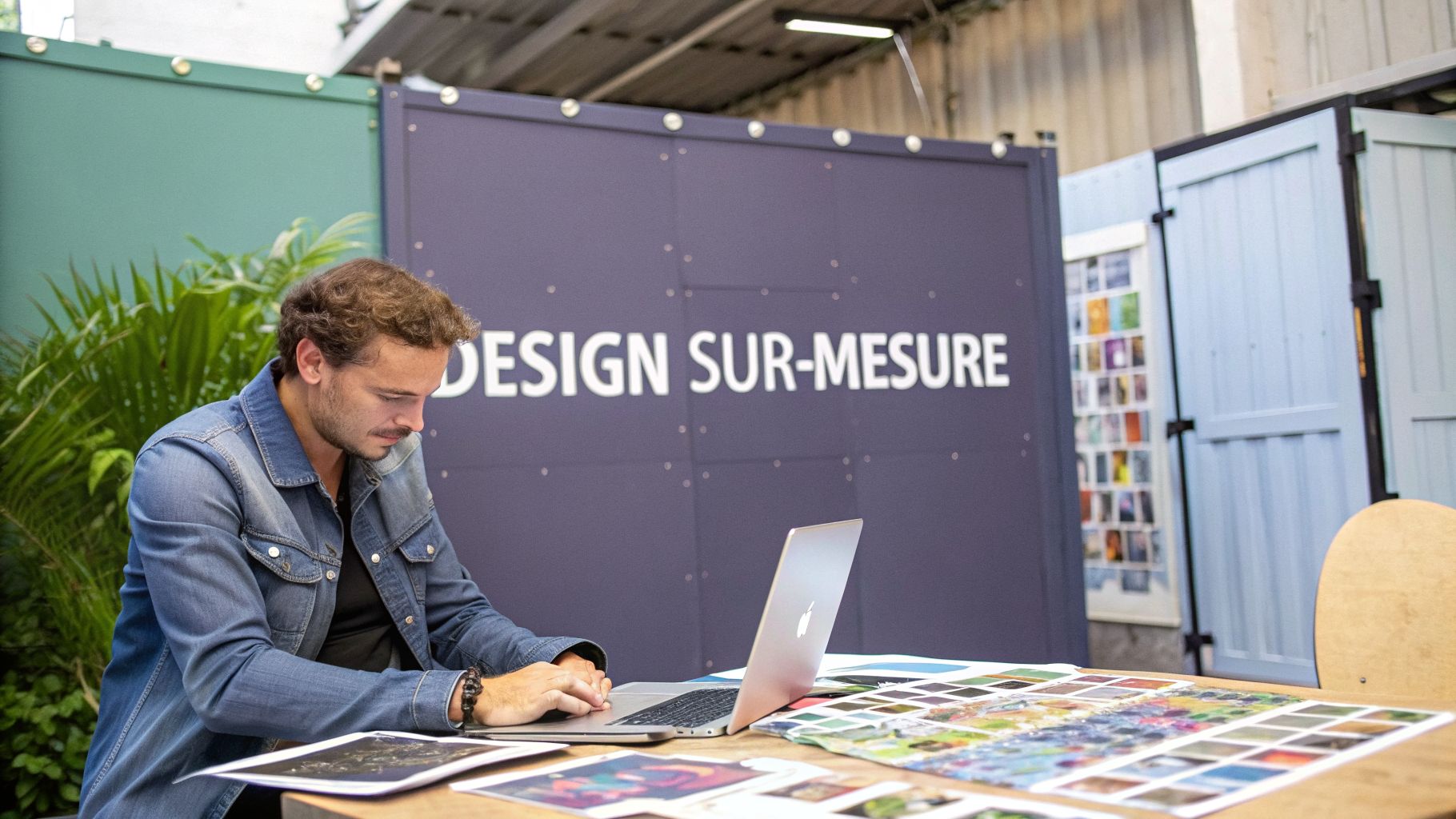 Un designer travaille sur son ordinateur portable avec des échantillons de couleur, devant une bannière de design sur mesure.