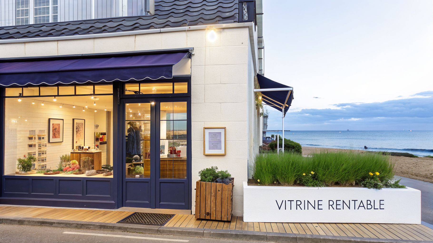 Façade de magasin élégante avec auvent bleu, vitrine éclairée, et la mer en arrière-plan sous un ciel nuageux.