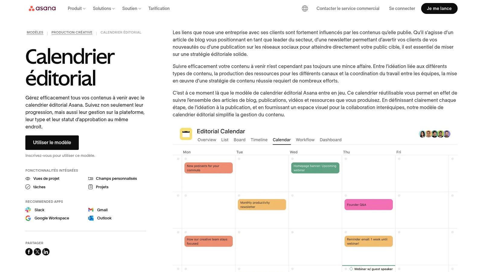 Asana – Modèle calendrier éditorial
