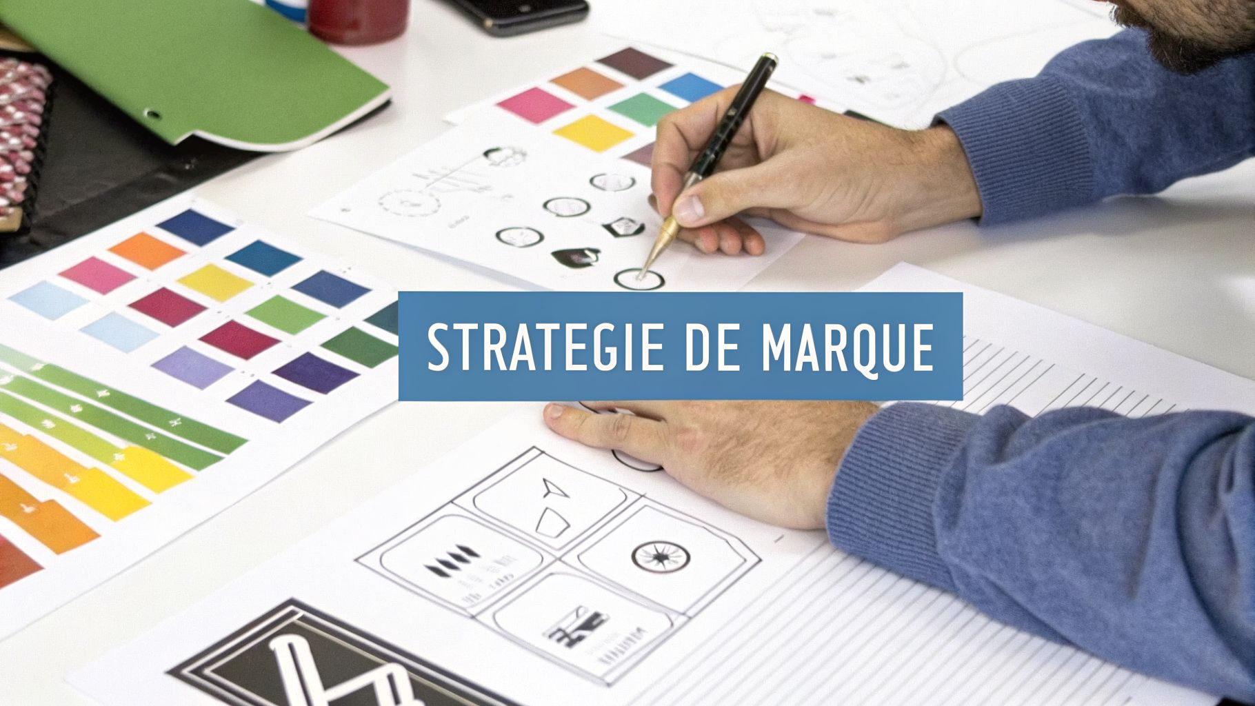 Mains d'une personne dessinant des logos et travaillant sur des palettes de couleurs pour une stratégie de marque.