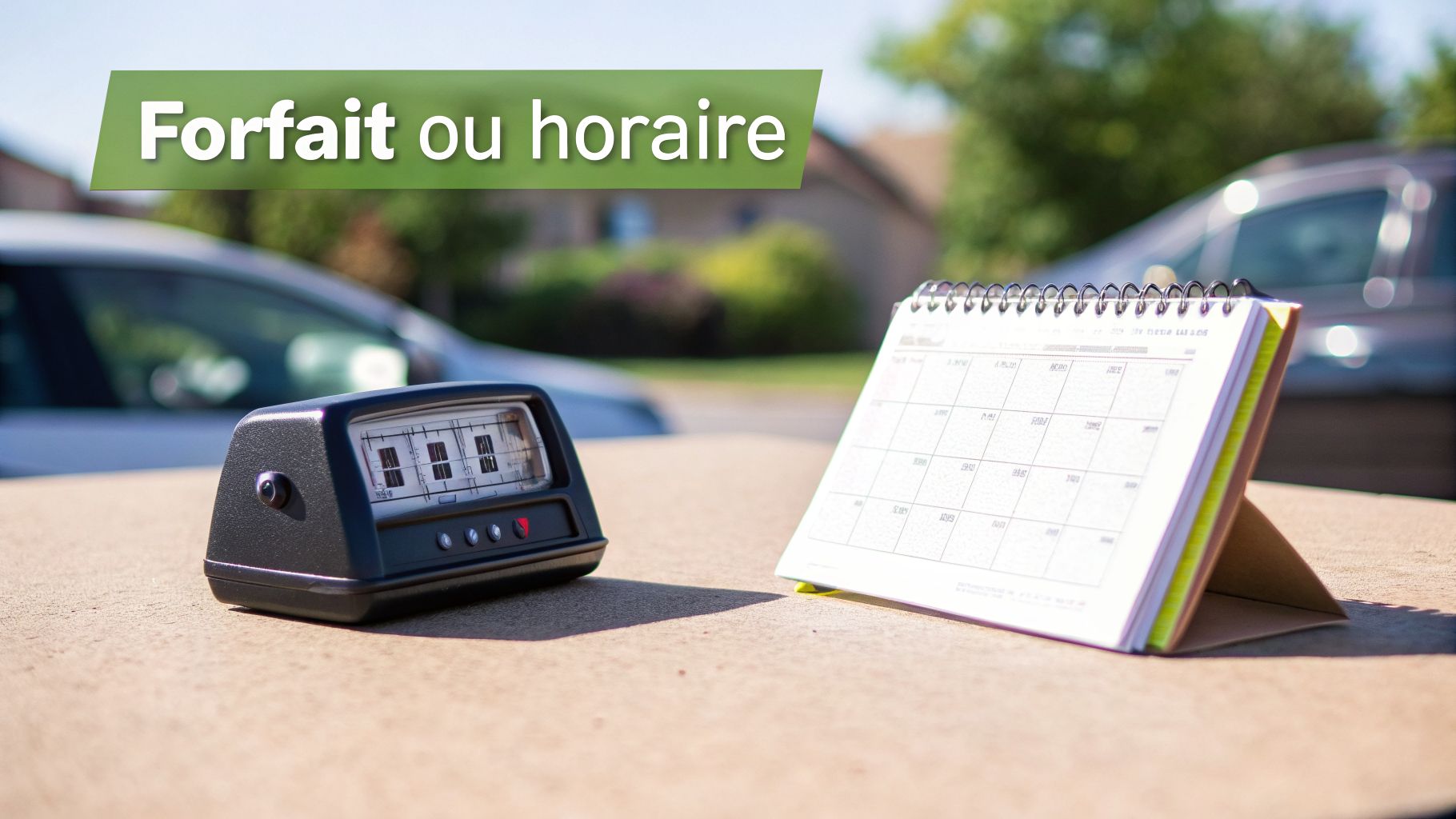 Un disque de stationnement et un calendrier avec le texte « Forfait ou horaire », symbolisant les options de temps ou de coût.