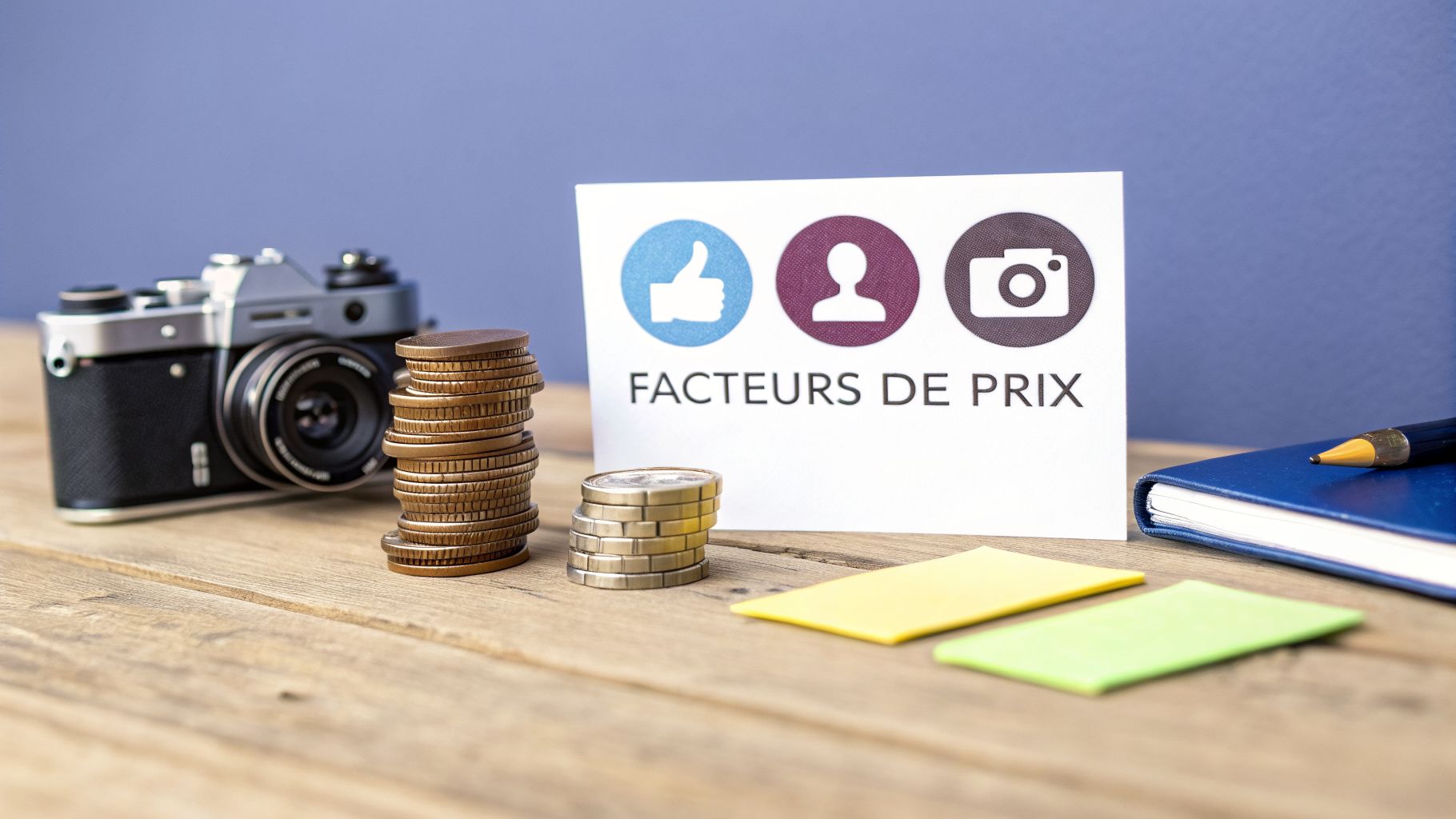 Une table en bois avec un appareil photo, des piles de pièces, et une carte indiquant « Facteurs de Prix » avec des icônes.