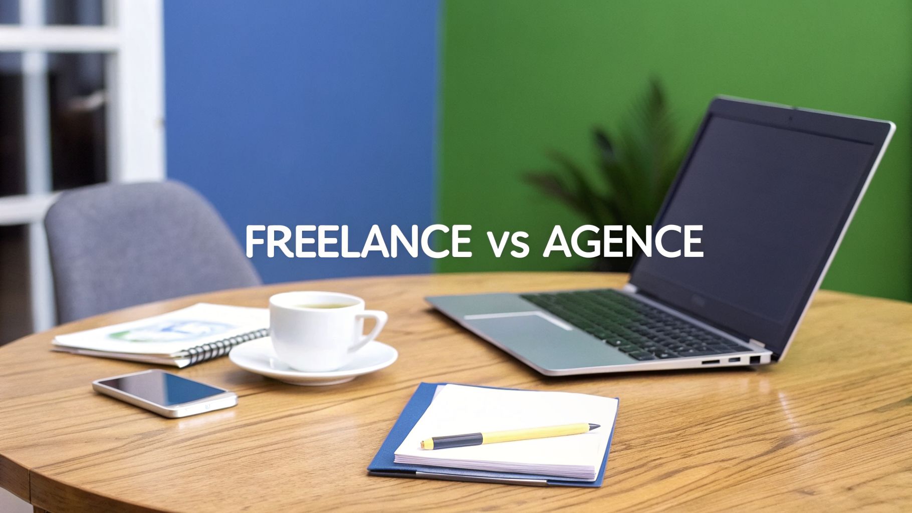 Image de bureau moderne avec ordinateur, café et téléphone, comparant le travail indépendant et en agence.