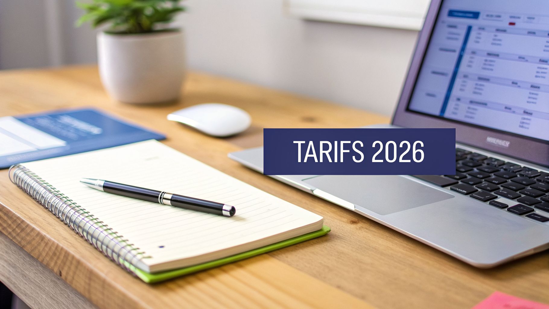 Bureau en bois avec ordinateur portable, carnet, stylo, souris, plante et un dossier bleu, affichant le texte 'TARIFS 2026'.