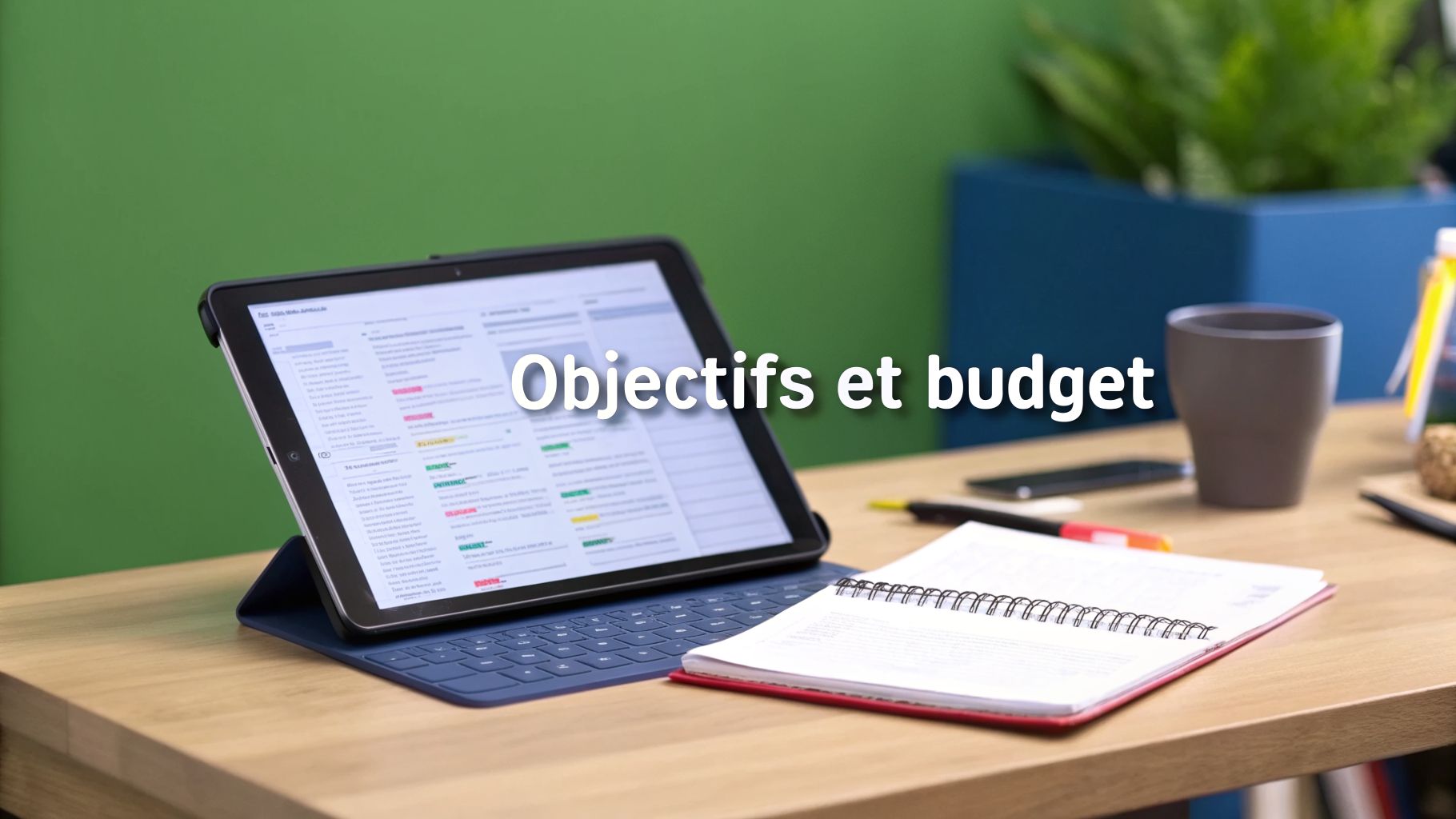 Bureau avec tablette affichant des données, carnet, stylos et mug, illustrant les « Objectifs et budget ».