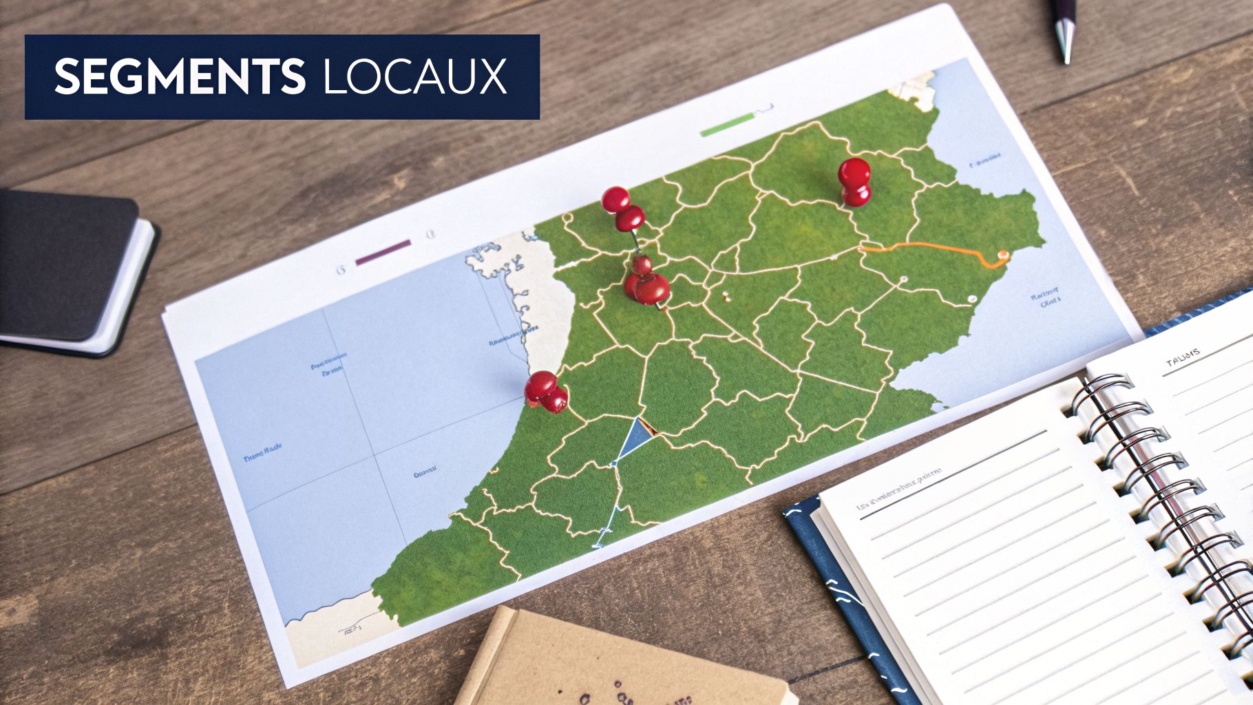 Une carte géographique parsemée de punaises rouges, illustrant des segments locaux avec le texte "Segments Locaux".