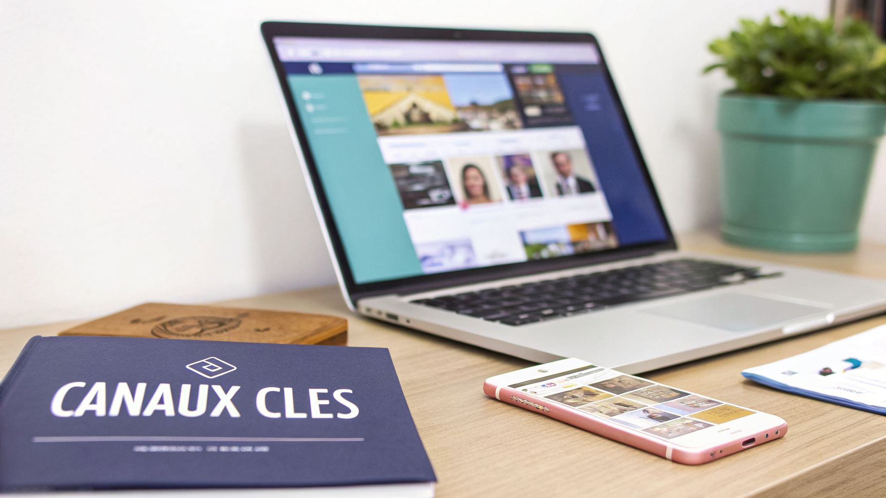 Bureau de travail avec un ordinateur portable affichant un site web, un livre "CANAUX CLES", un smartphone et une plante verte.