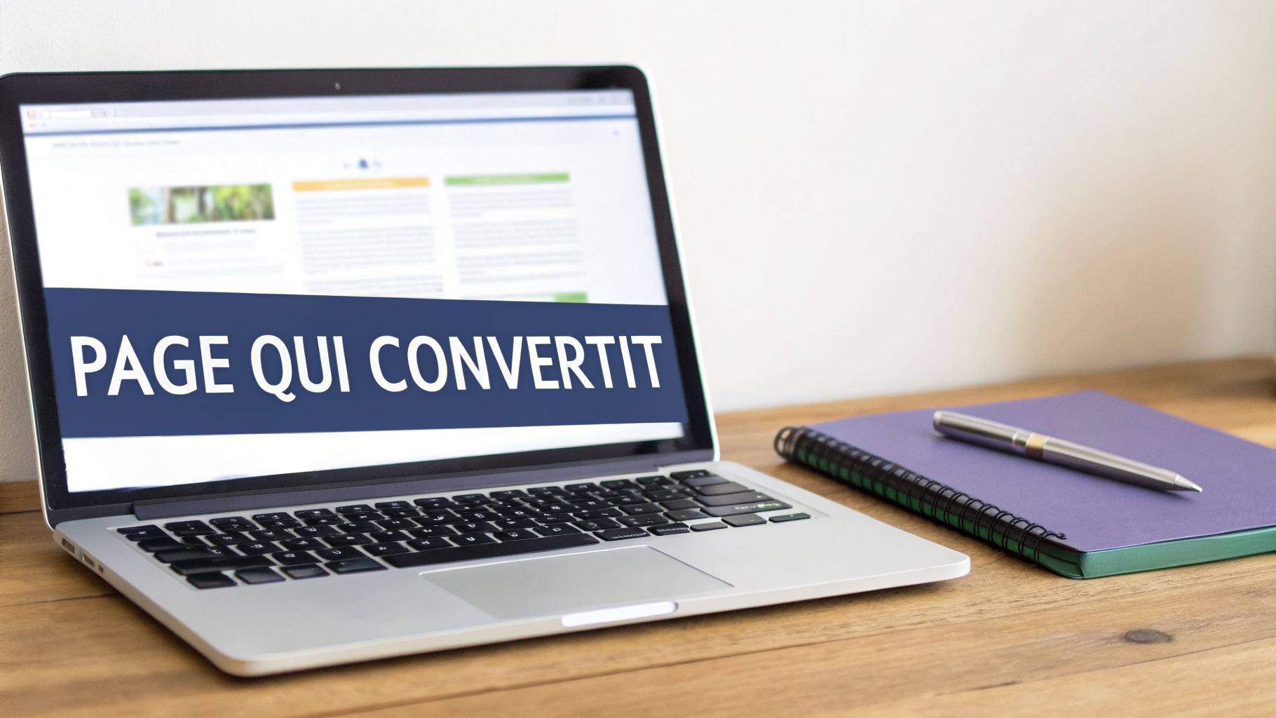 Un ordinateur portable sur un bureau en bois affichant "PAGE QUI CONVERTIT" sur son écran, avec un carnet et un stylo à côté.