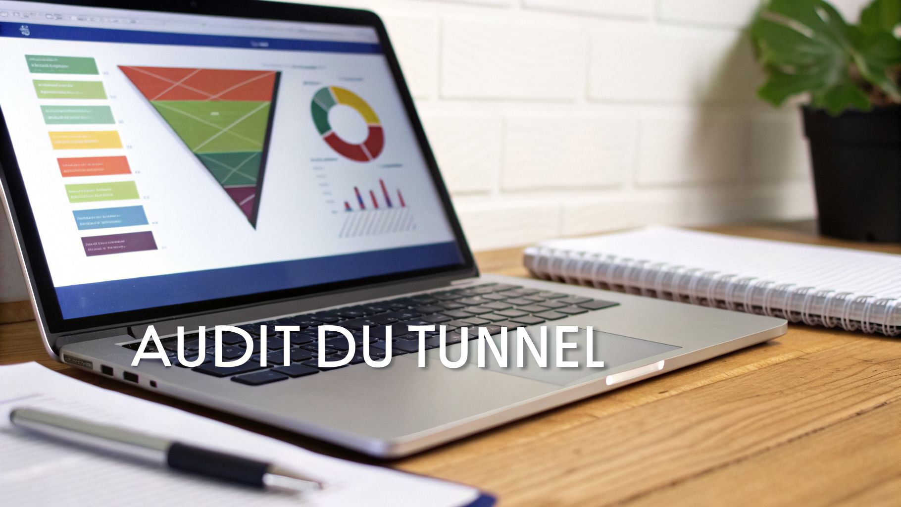 Ordinateur portable sur un bureau en bois affichant des graphiques d'analyse de données de tunnel, avec un cahier et un stylo.
