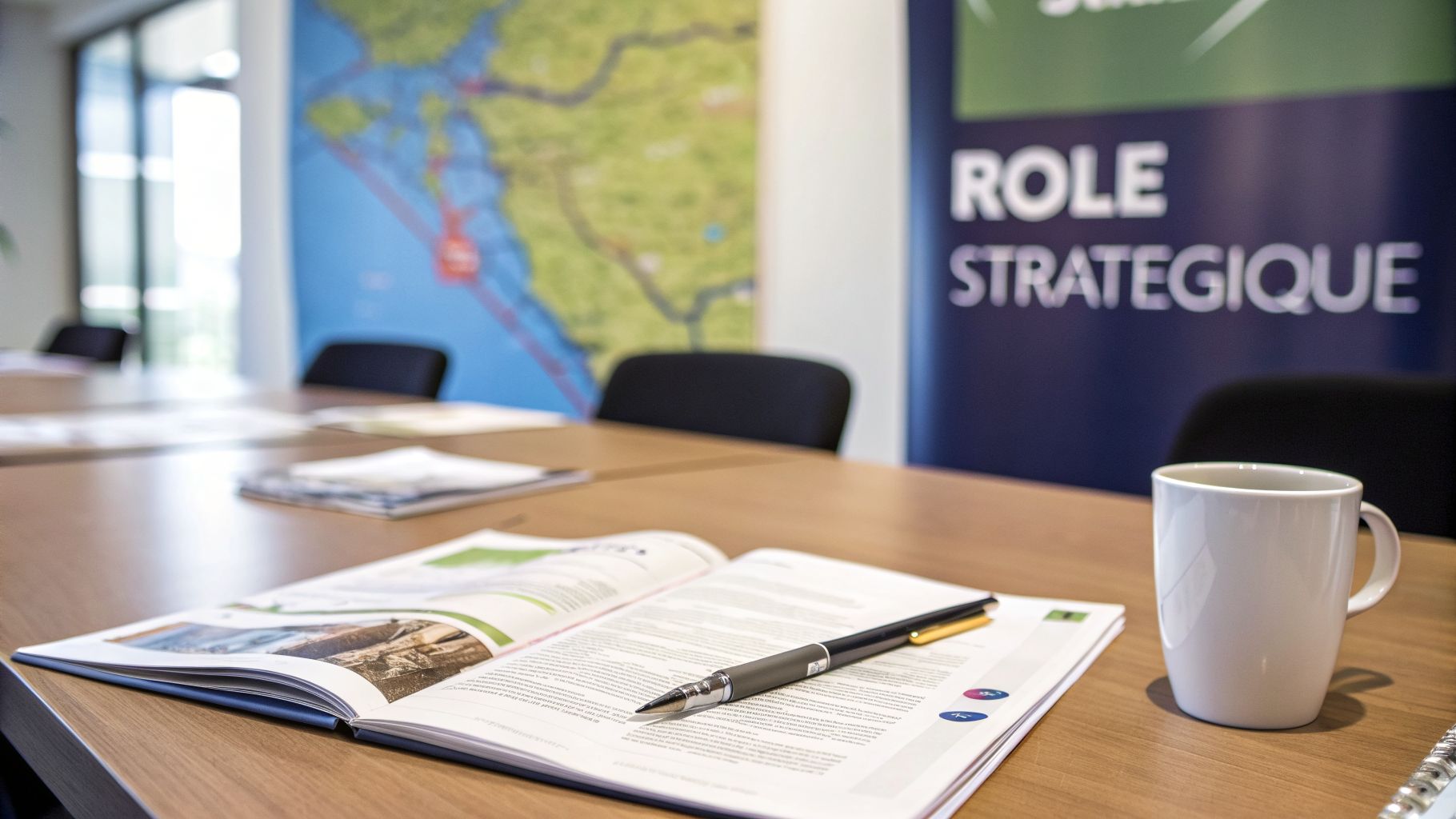 Table de réunion avec brochure ouverte, stylo, tasse à café et bannière "Rôle Stratégique" en arrière-plan.