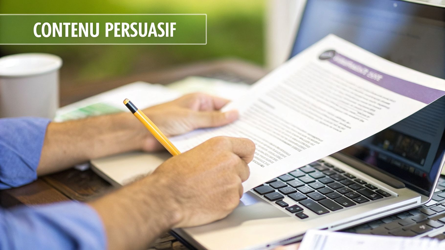 Une personne lit un document papier avec un crayon sur un clavier d'ordinateur portable, texte 'CONTENU PERSUASIF' en haut.