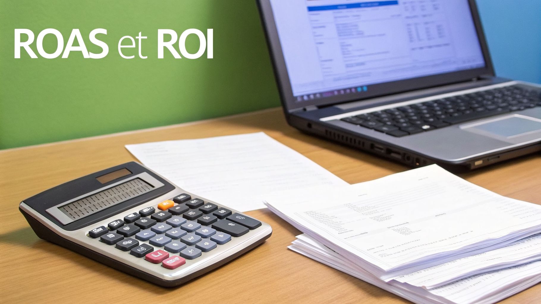 Bureau avec calculatrice, documents et ordinateur portable, affichant les termes ROAS et ROI.