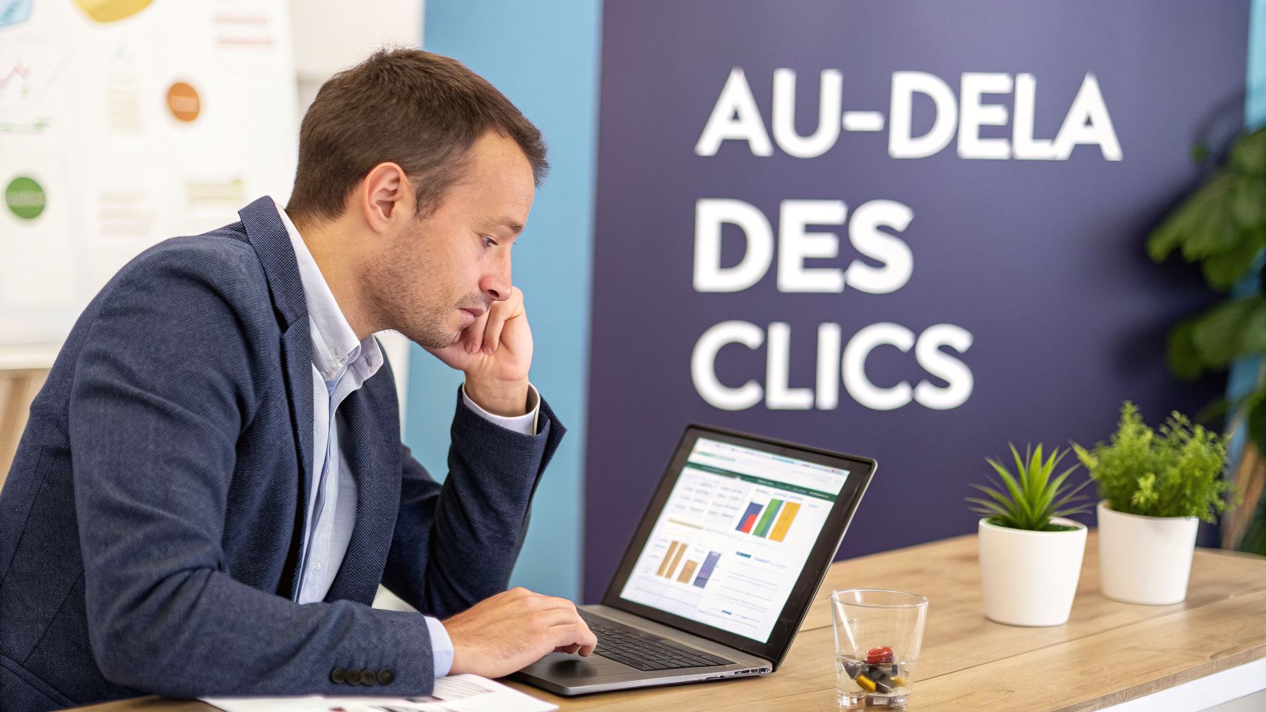 Un homme analyse attentivement des données de performance de campagne sur son ordinateur portable dans un bureau.