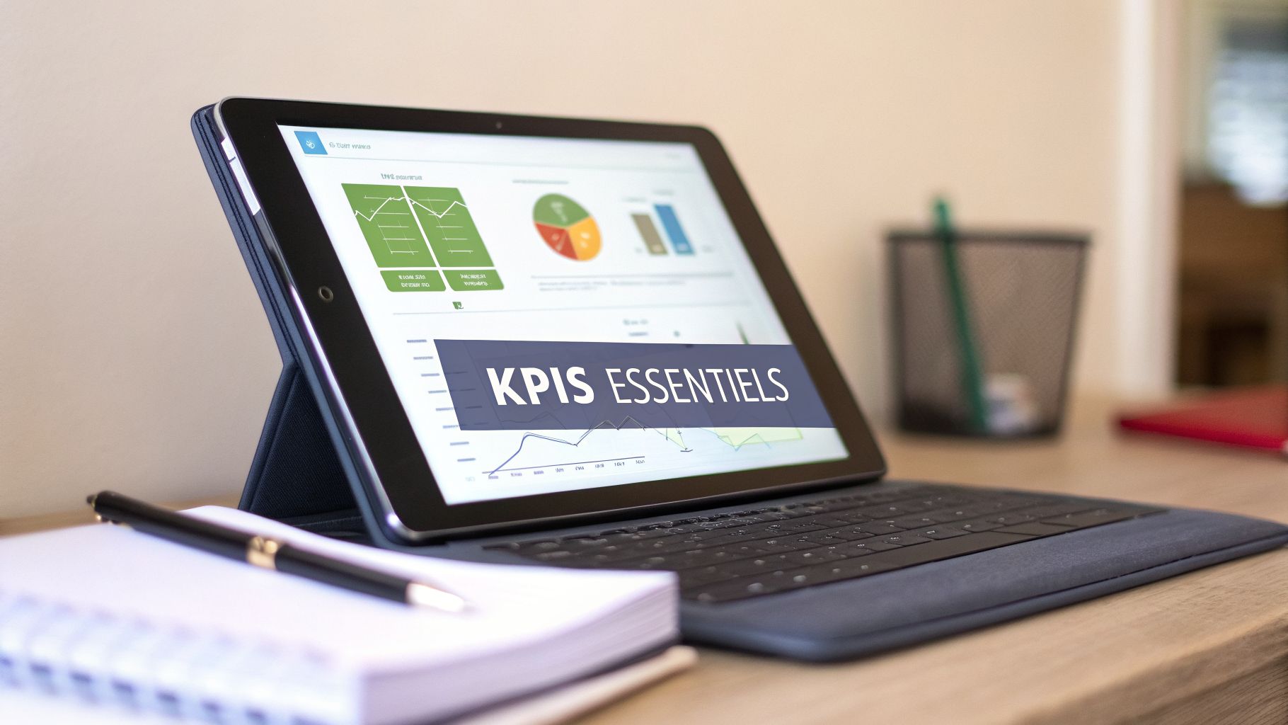 Une tablette affiche des graphiques de performance et le texte « KPIs Essentiels » avec un carnet et un stylo sur un bureau.