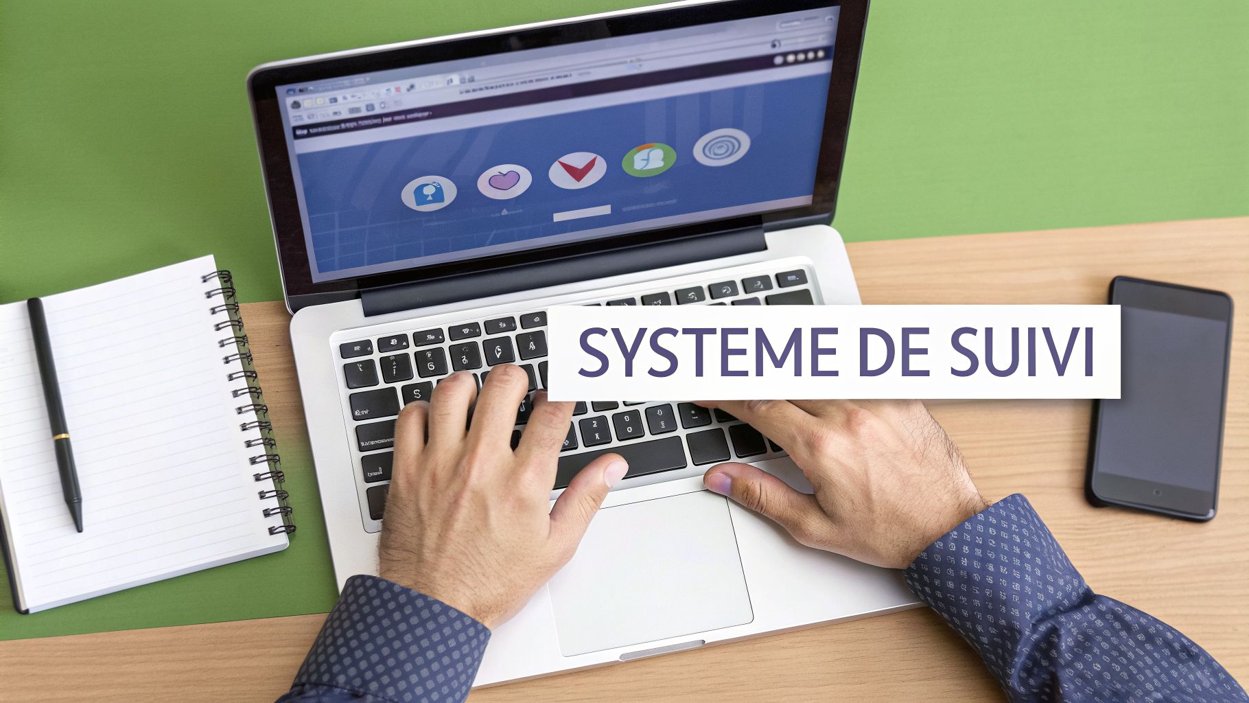 Personne utilisant un ordinateur portable affichant un système de suivi, avec un carnet et un smartphone sur un bureau.