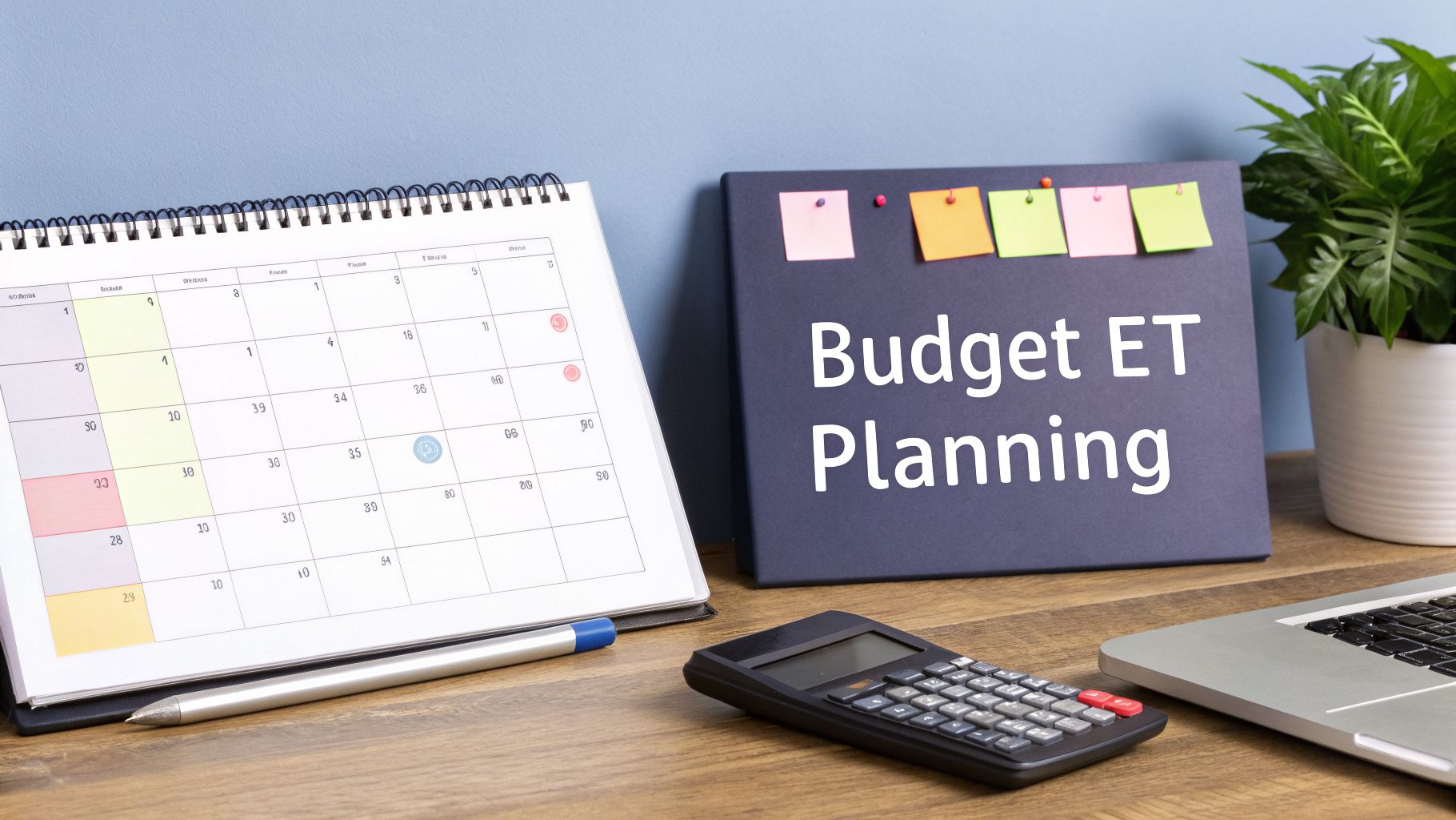 Bureau avec calendrier, bloc-notes "Budget ET Planning", calculatrice, stylo et ordinateur portable.