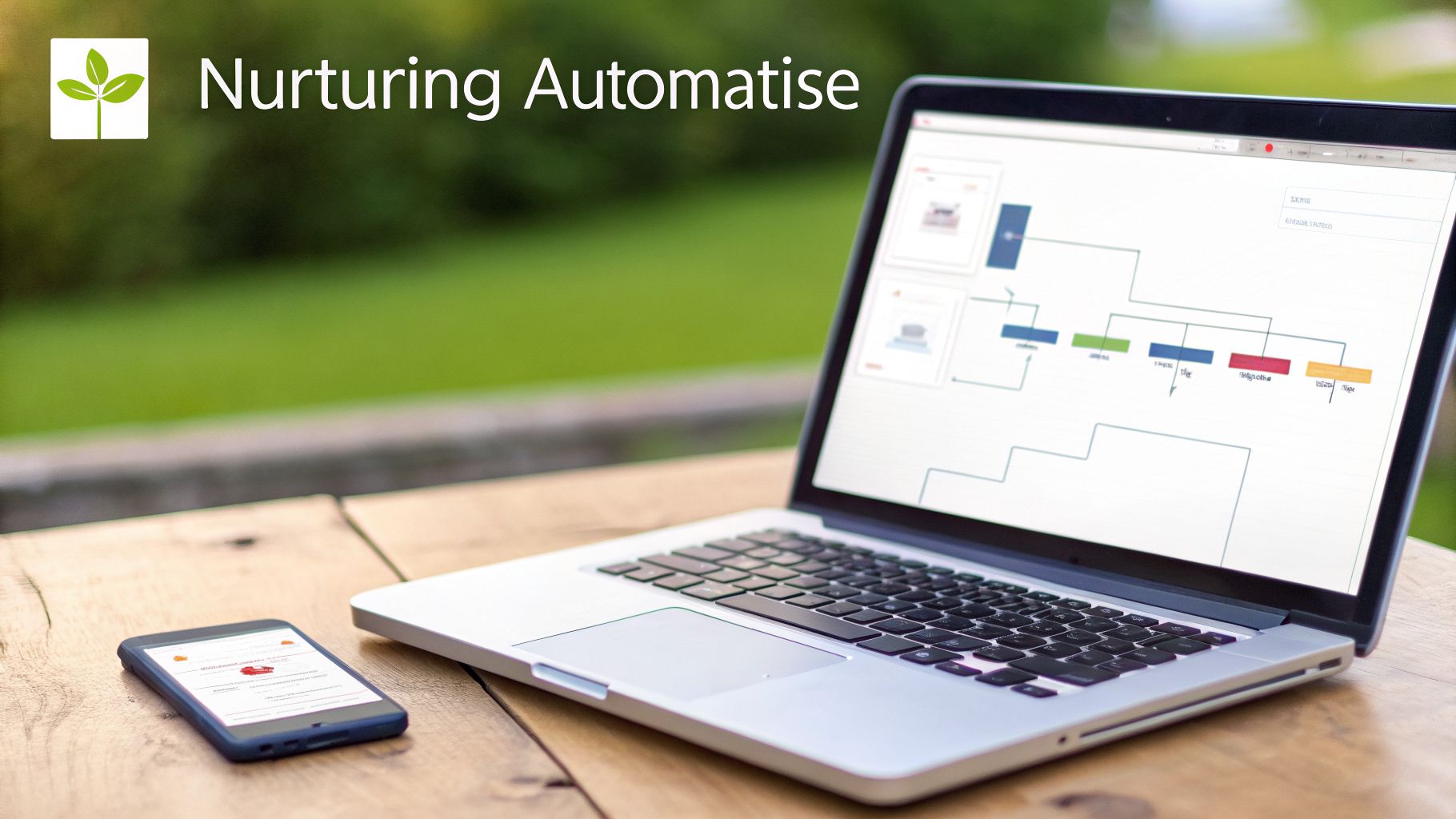 Représentation visuelle d'un workflow d'automatisation avec des icônes d'e-mail, de contact et d'engrenages connectés par des lignes.