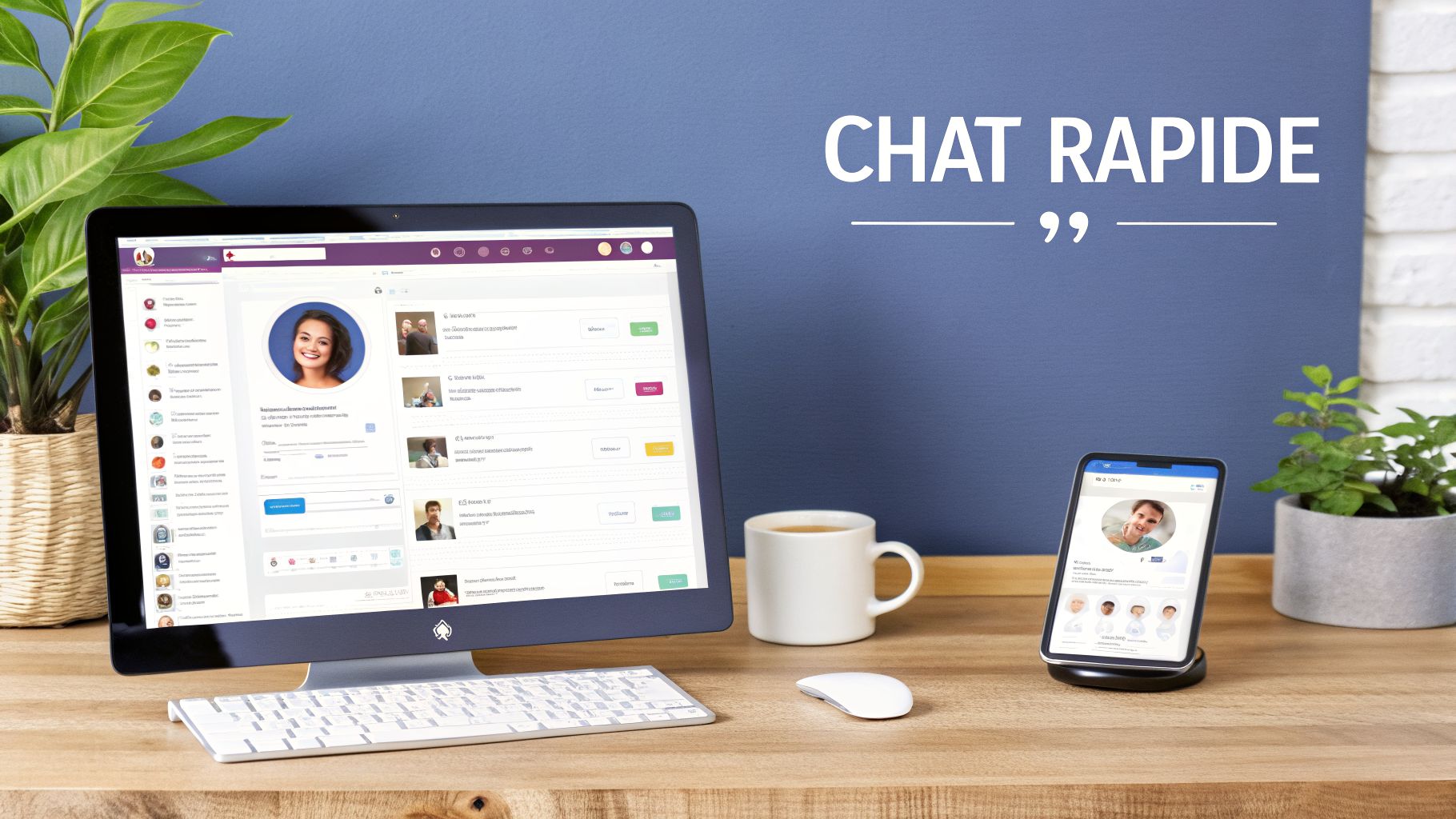 Un bureau avec un ordinateur affichant une interface de chat, un smartphone, une tasse de café et des plantes. Le texte 'CHAT RAPIDE' est visible.