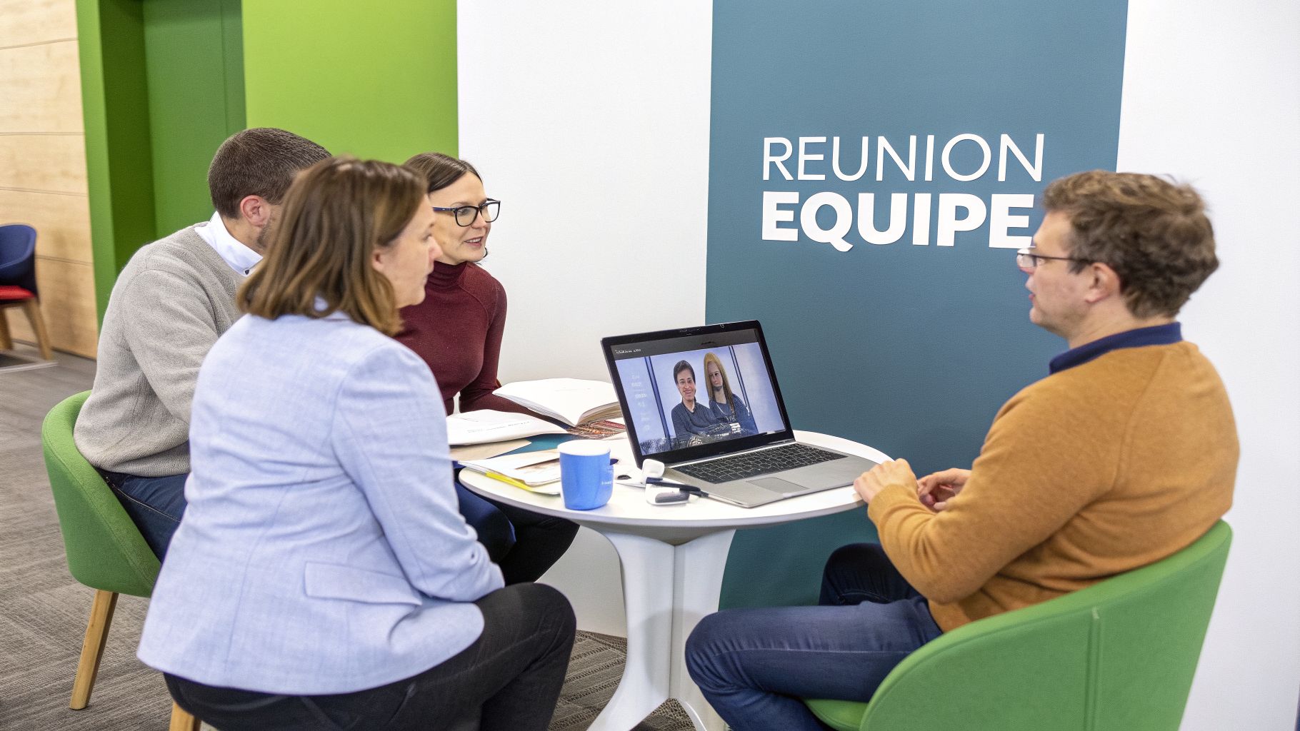 Quatre collègues en réunion d'équipe, dont un participant à distance sur l'ordinateur portable, discutent autour d'une table.
