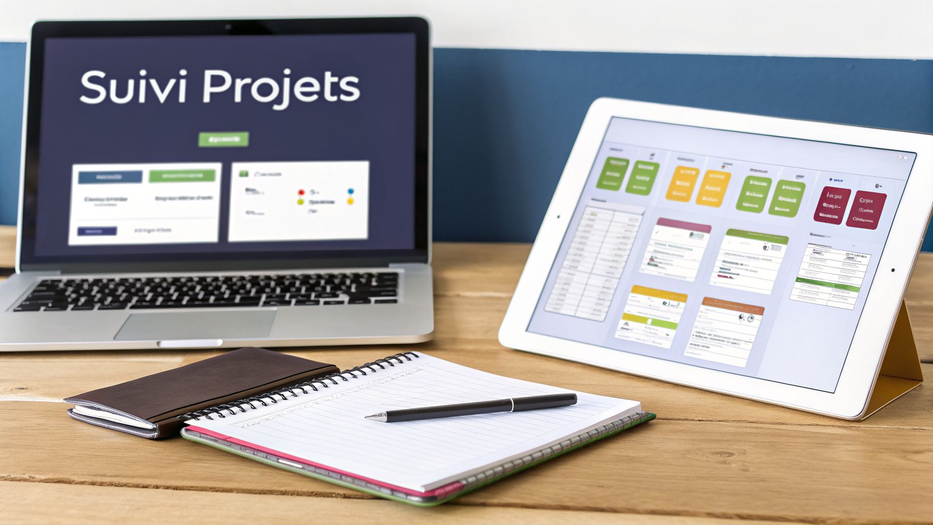 Un ordinateur portable et une tablette affichant un logiciel de suivi de projets, avec un carnet et un stylo sur un bureau en bois.