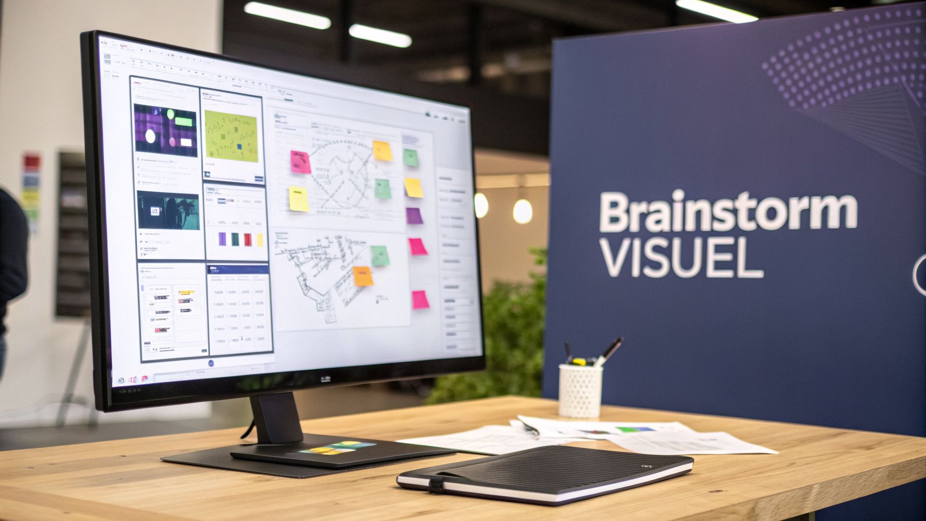 Un écran d'ordinateur affiche un tableau de bord collaboratif avec des idées visuelles, des diagrammes et des notes autocollantes, sur un bureau en bois.