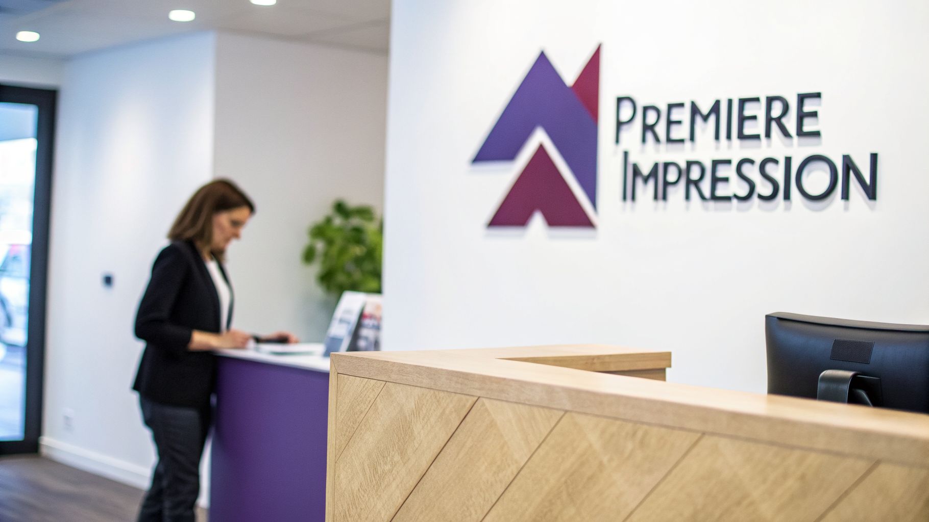 Réception moderne d'un bureau avec une femme debout derrière un comptoir violet et un logo Premiere Impression sur le mur.