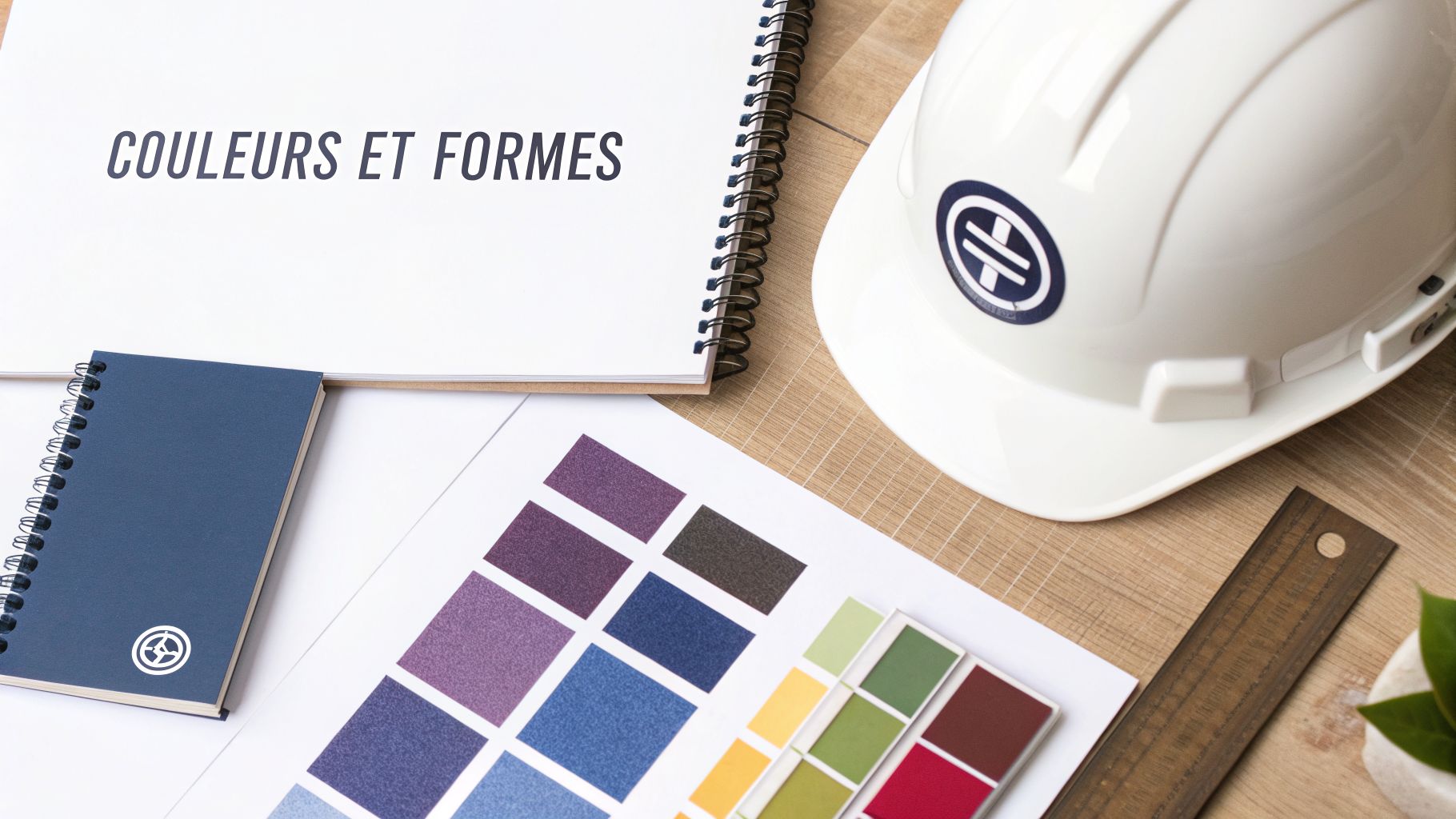 Casque de chantier blanc, carnets, nuancier de couleurs et règle sur une table en bois.