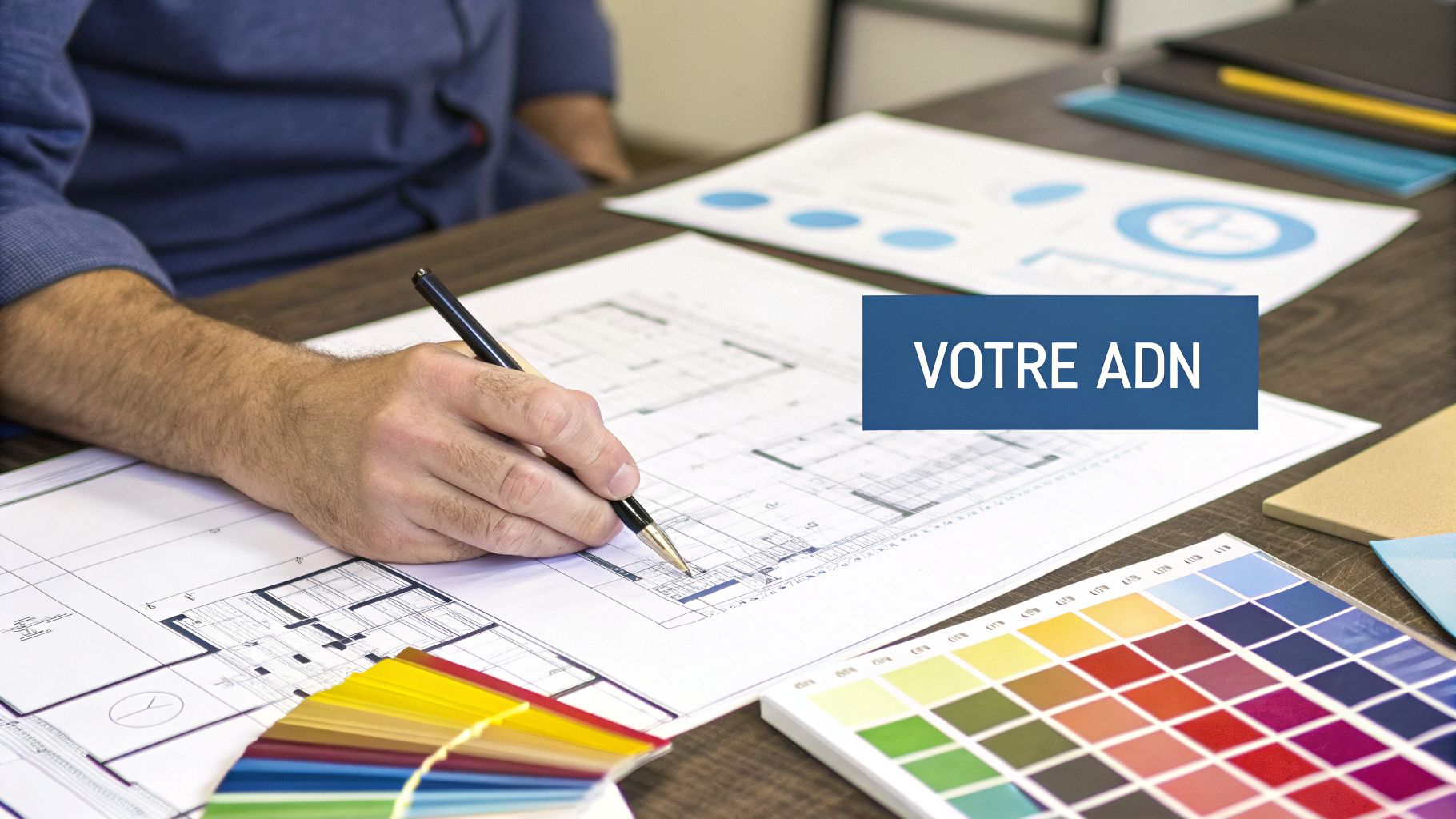 Main d'un architecte dessinant sur des plans avec un texte "VOTRE ADN", entouré d'échantillons de couleurs et de documents.