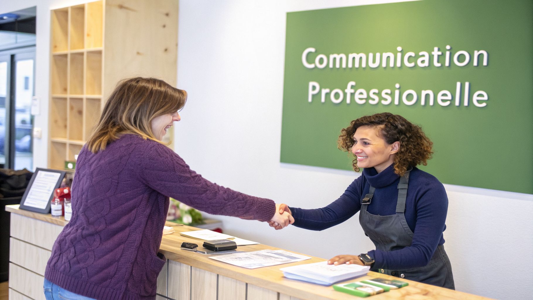 Deux femmes souriantes se serrent la main par-dessus un comptoir, avec un panneau "Communication Professionnelle" en arrière-plan.