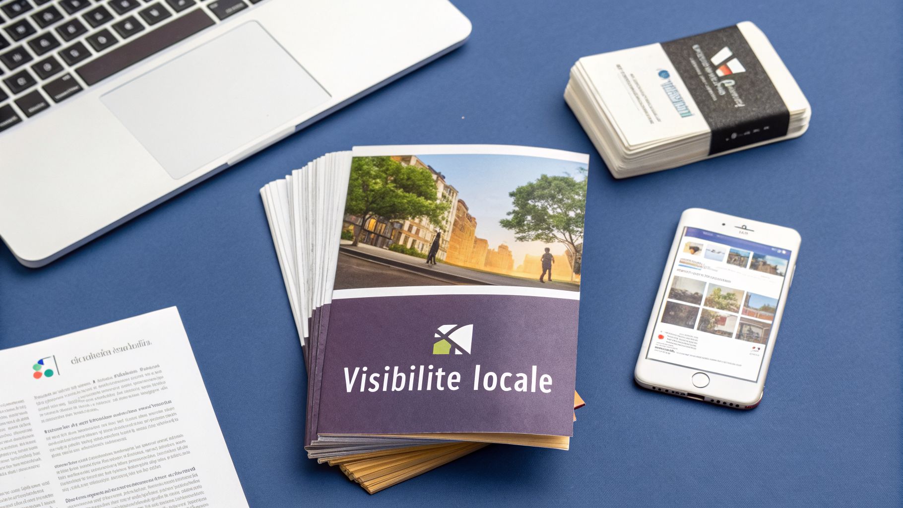 Vue de dessus d'un bureau avec un ordinateur portable, des brochures de "Visibilite locale", des cartes de visite et un smartphone.