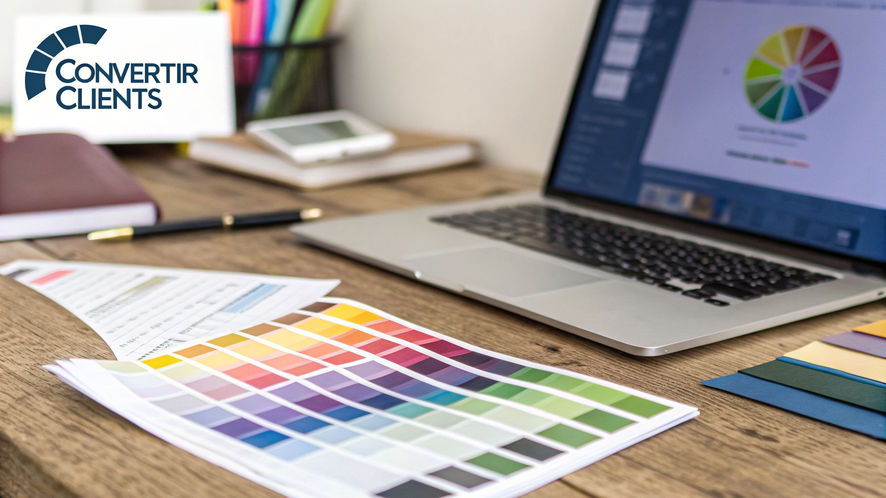 Bureau professionnel avec un ordinateur portable affichant un graphique, des nuanciers et des fournitures de bureau.